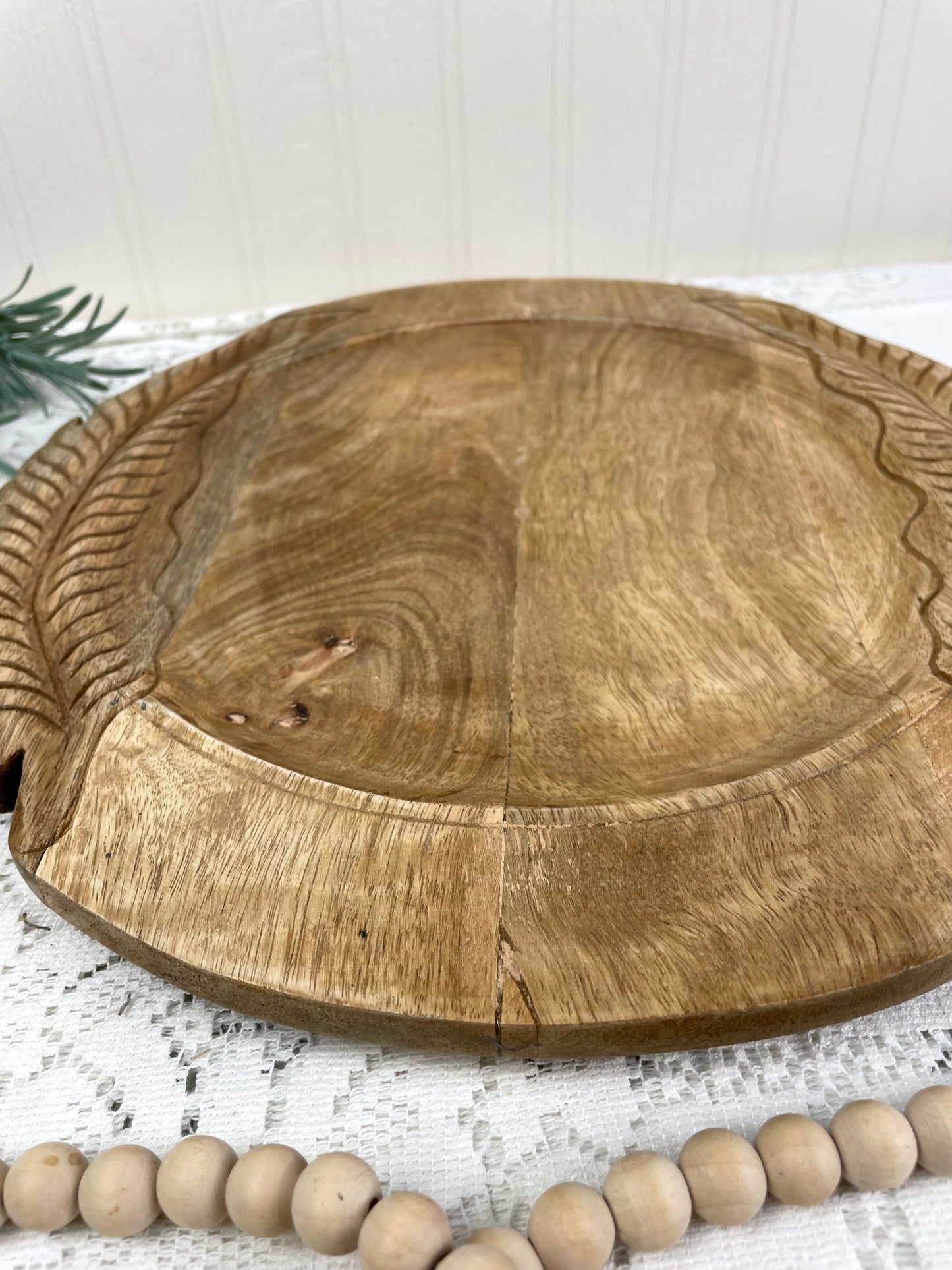 Wooden Platter with Carved Feather Details
