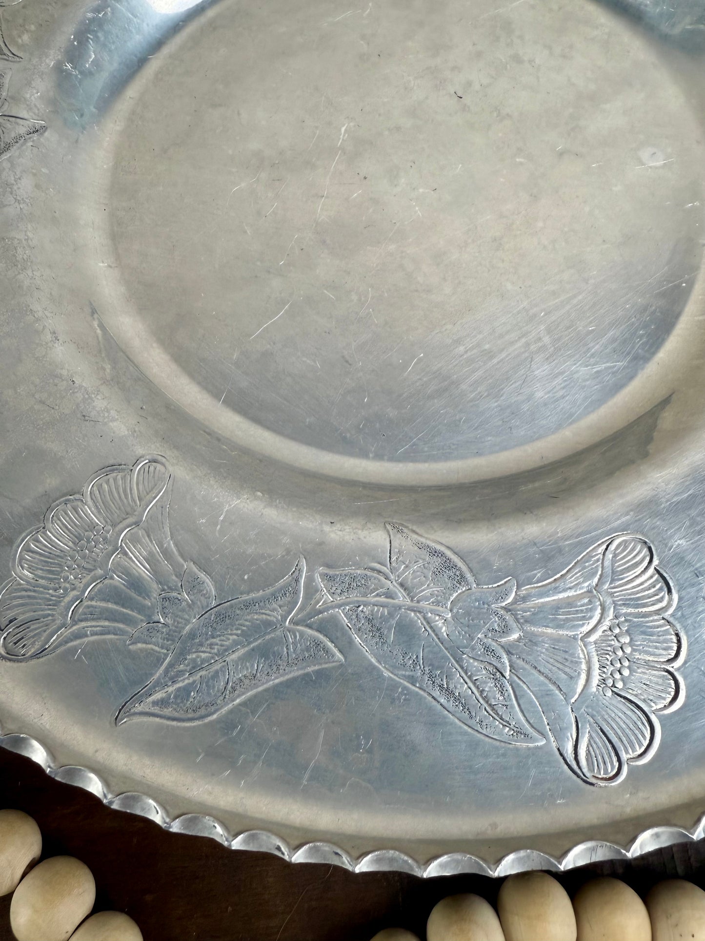 Vintage Wrought Aluminum Serving Tray with Etched Florals