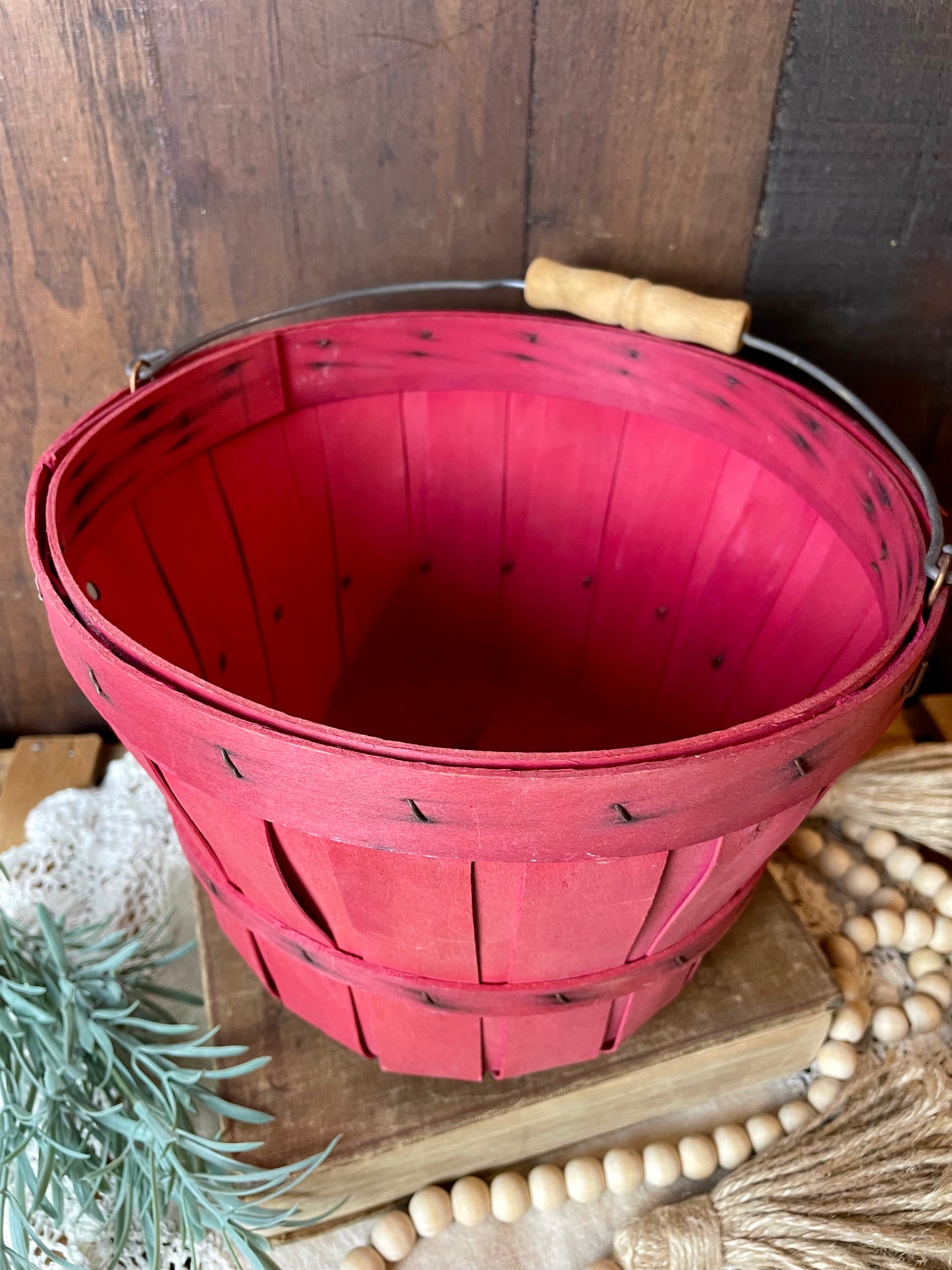 Vintage Small Wooden Bushel Basket with Handle