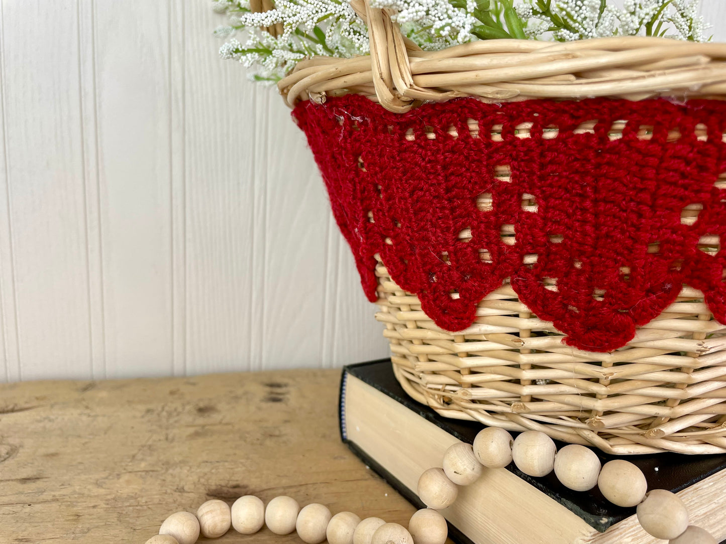 Upcycled Vintage Wicker Basket with Red Crochet Trim