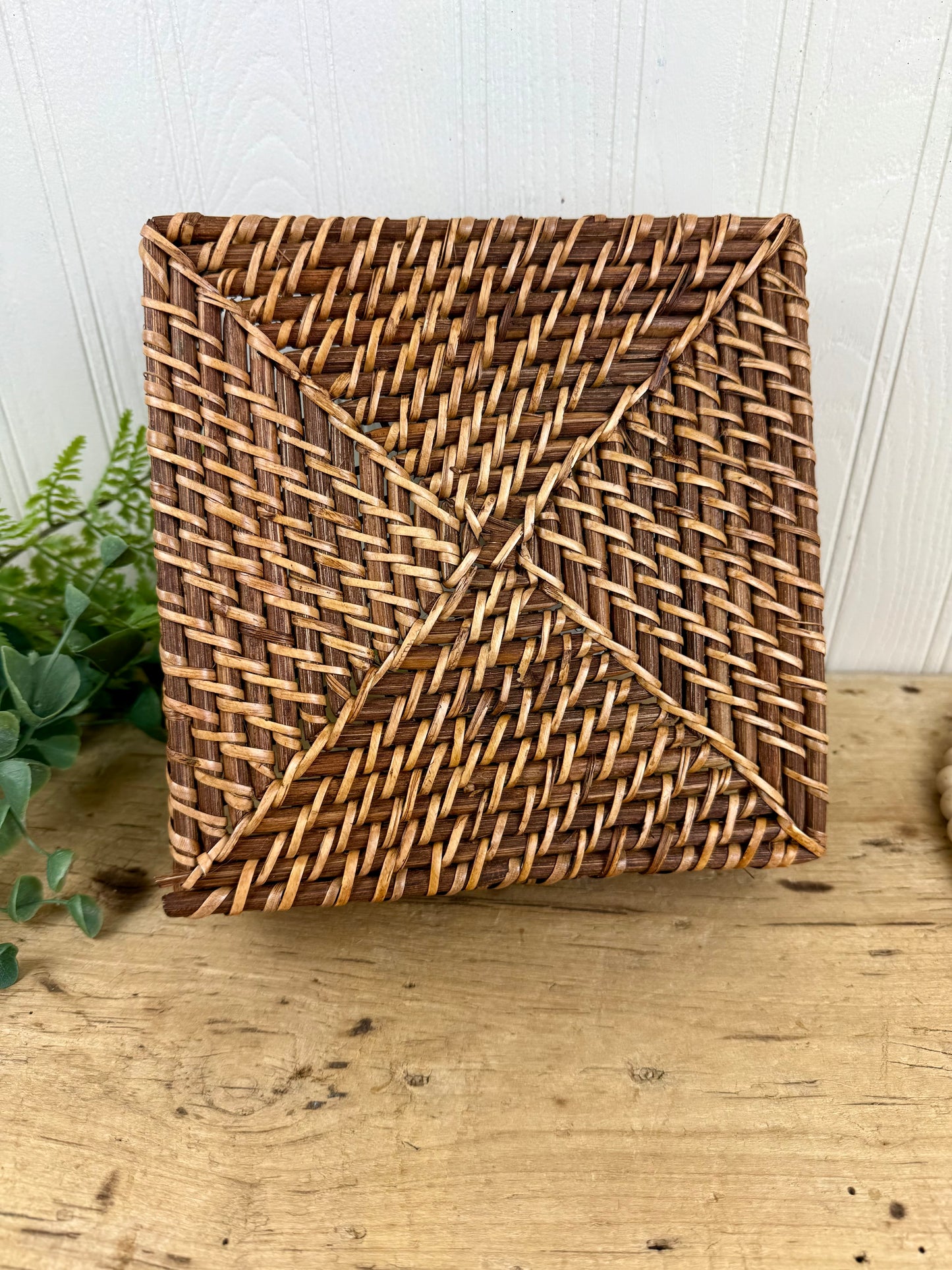 Vintage Wicker Napkin Basket with Beaded Trim