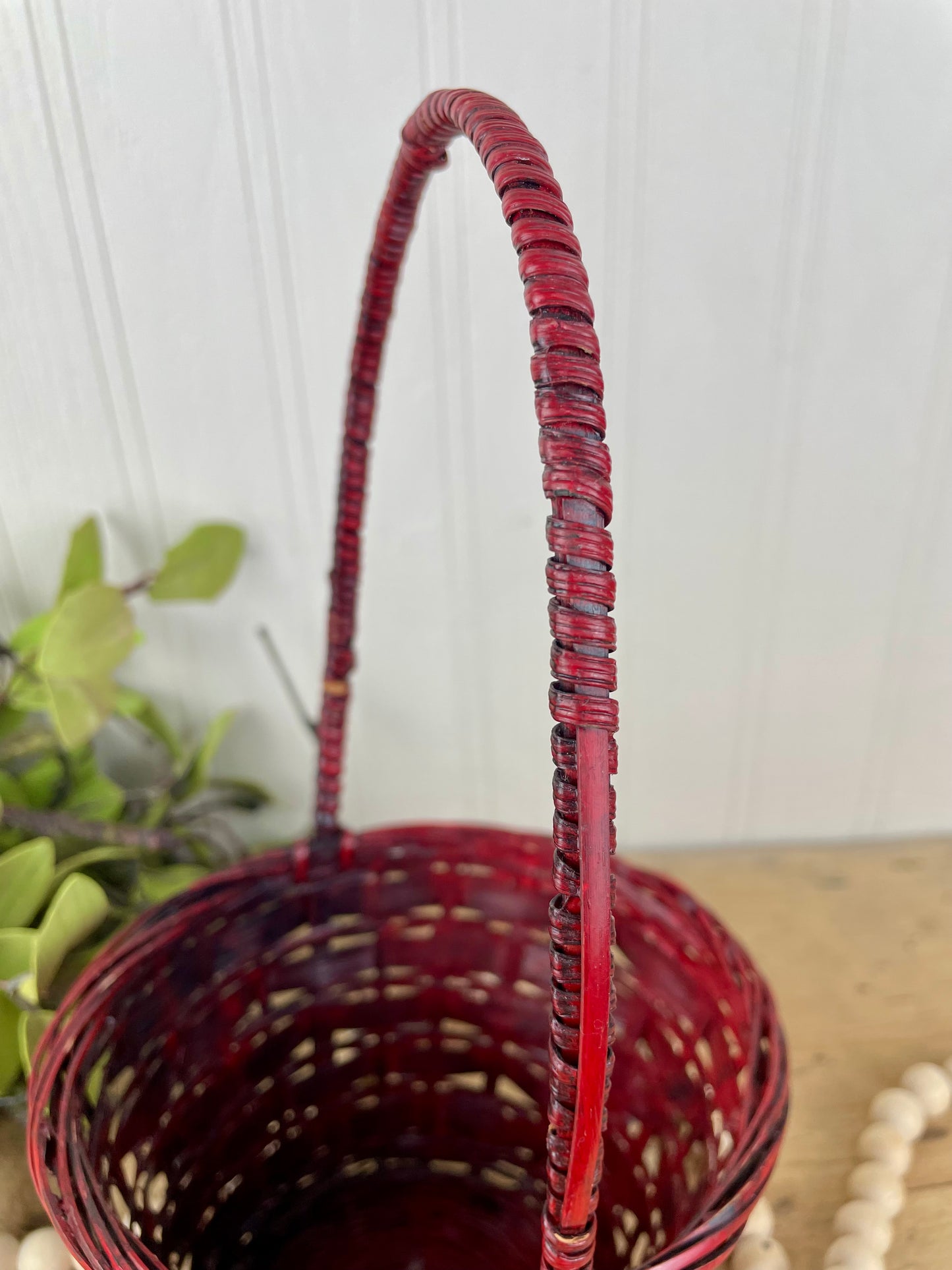 Vintage Red Wicker Basket with Handle
