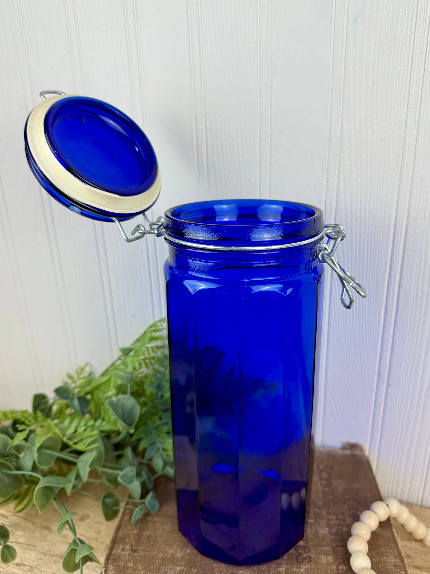 Vintage Cobalt Blue Glass Canister with Wire Clasp