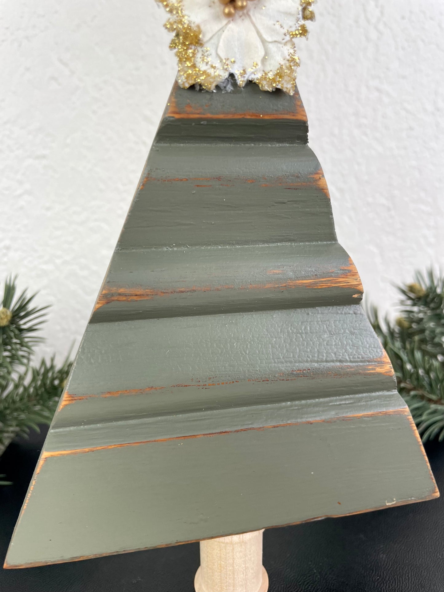 Upcycled Small Vintage Trim Green Christmas Tree with White Poinsettia