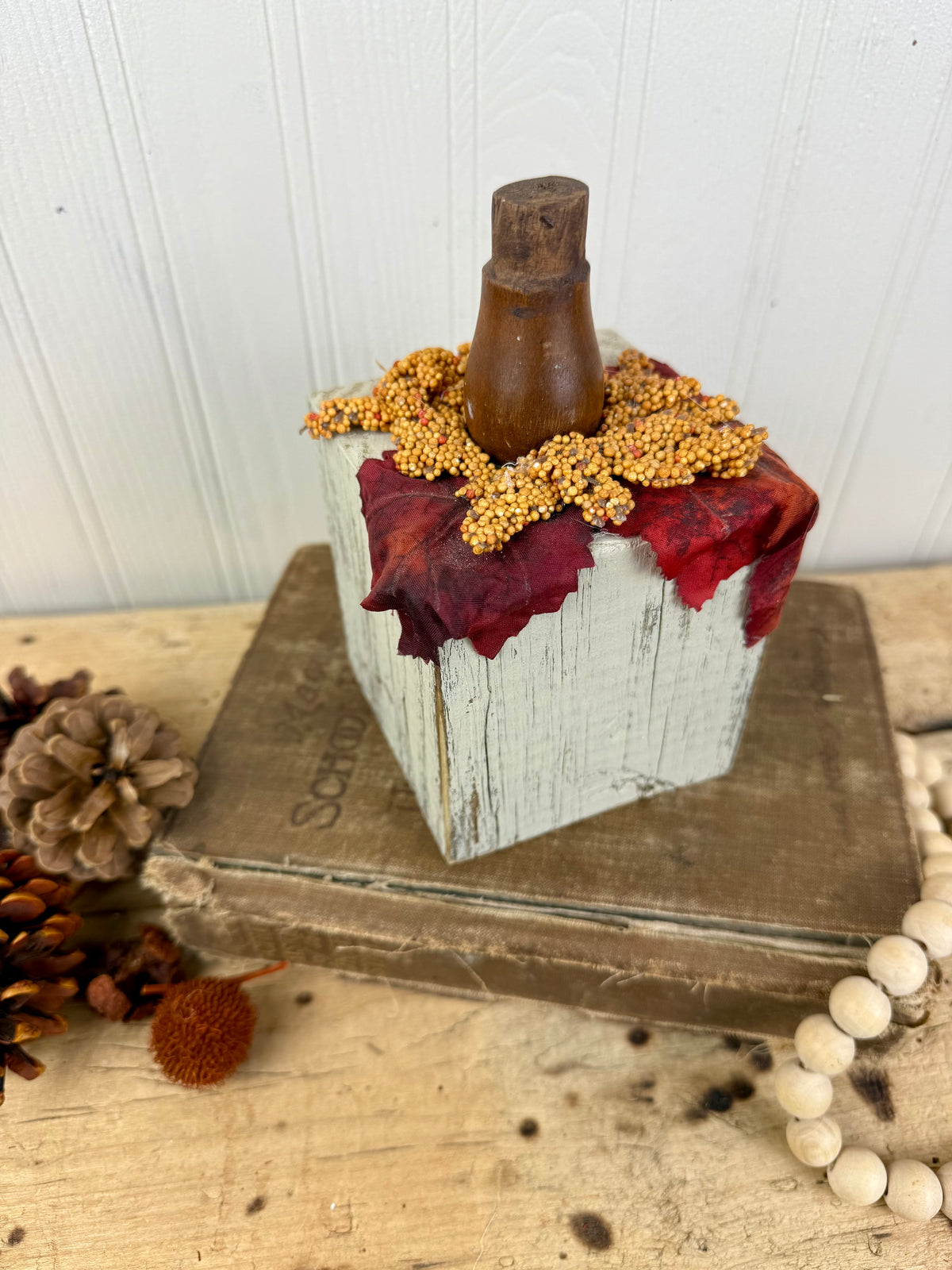 Handmade Block Beige Pumpkin with Spindle Stem