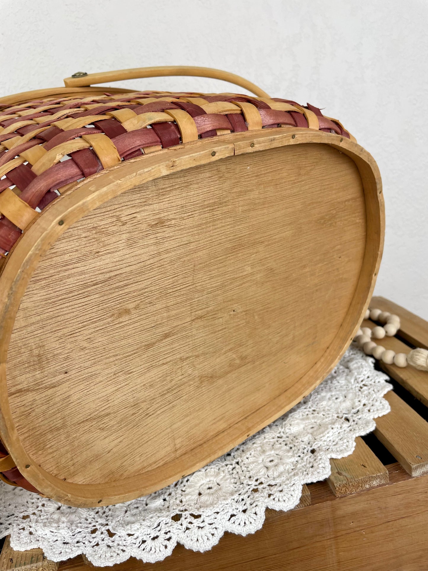 Vintage Large Red & Natural Wicker Basket with Handle