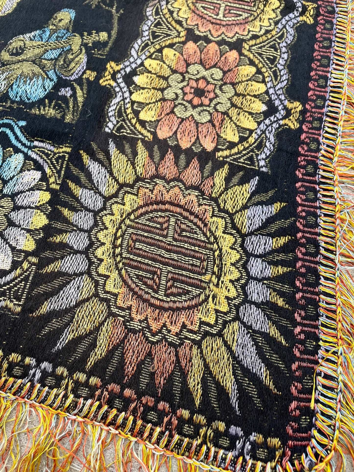 Vintage Asian Woven Tablecloth with Fringe