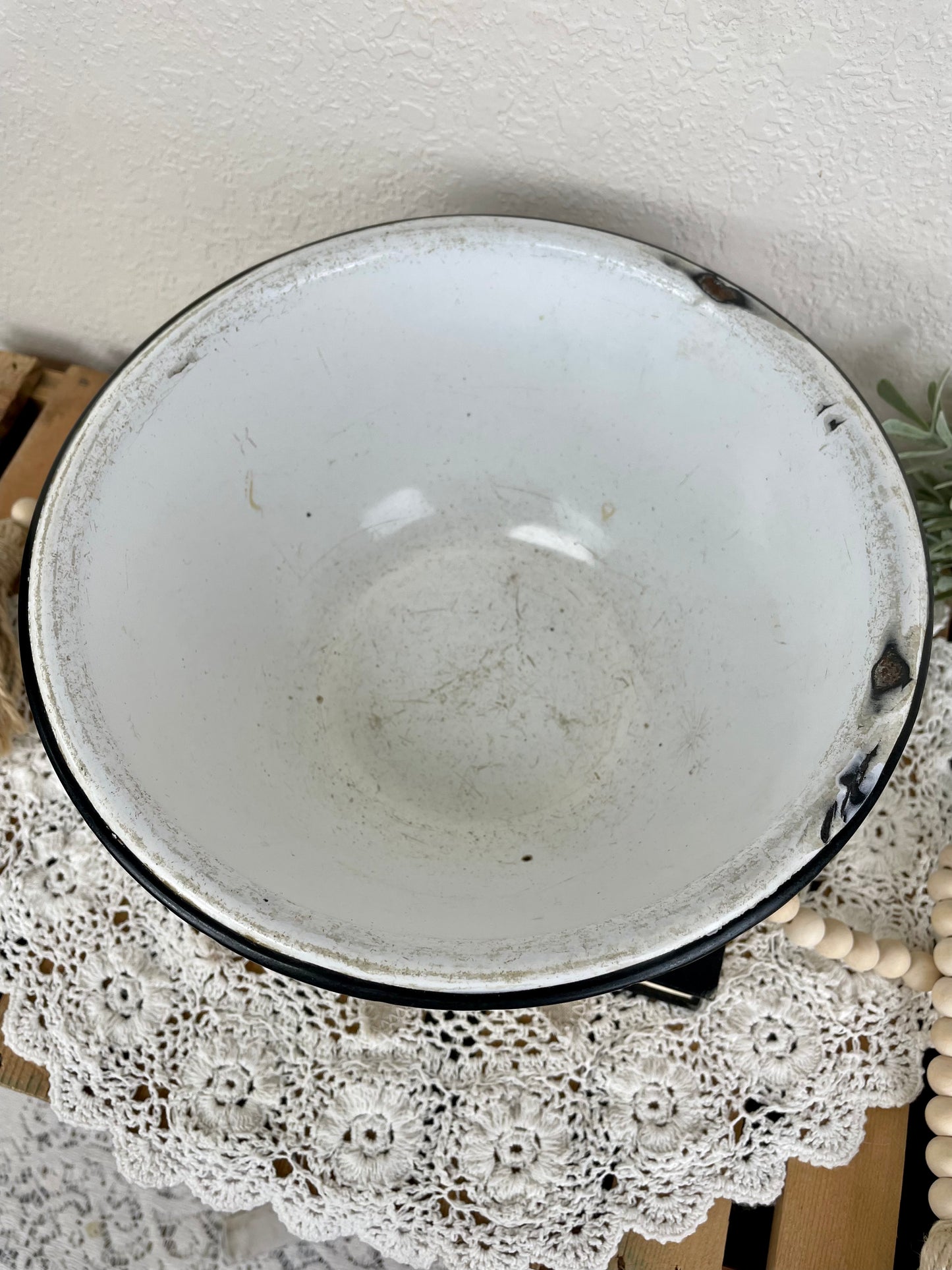 Vintage Enamel Bowl with Black Rim