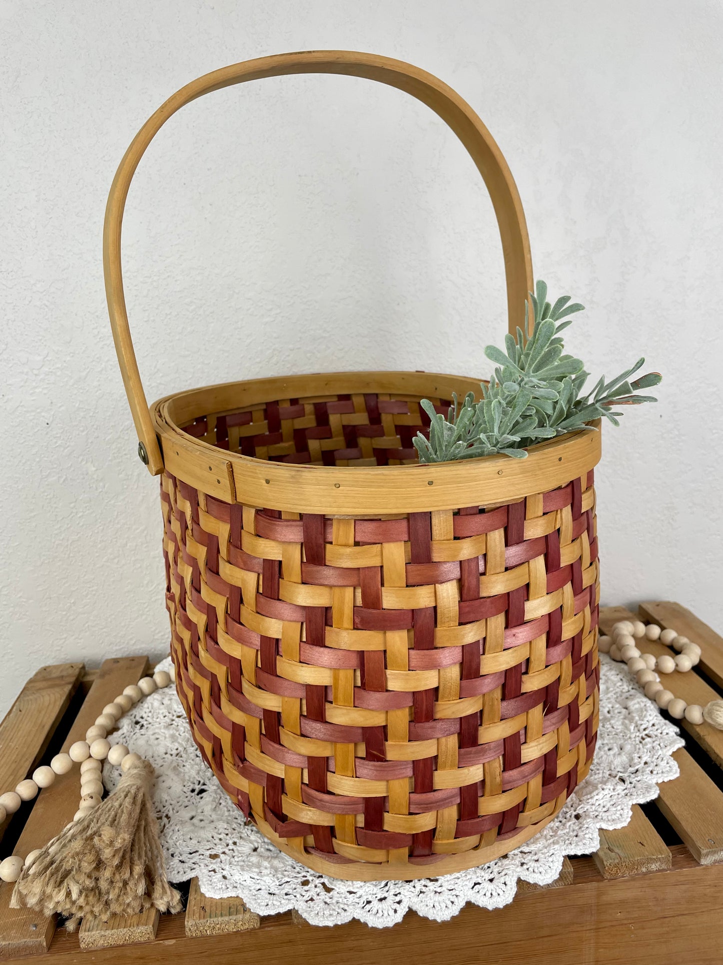 Vintage Large Red & Natural Wicker Basket with Handle