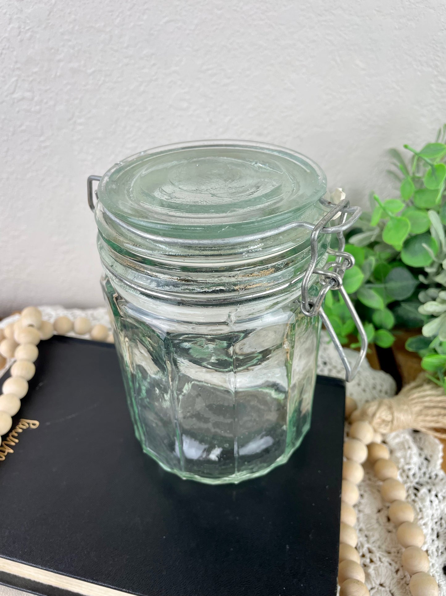 Vintage Green Glass Storage Jar with Clasp