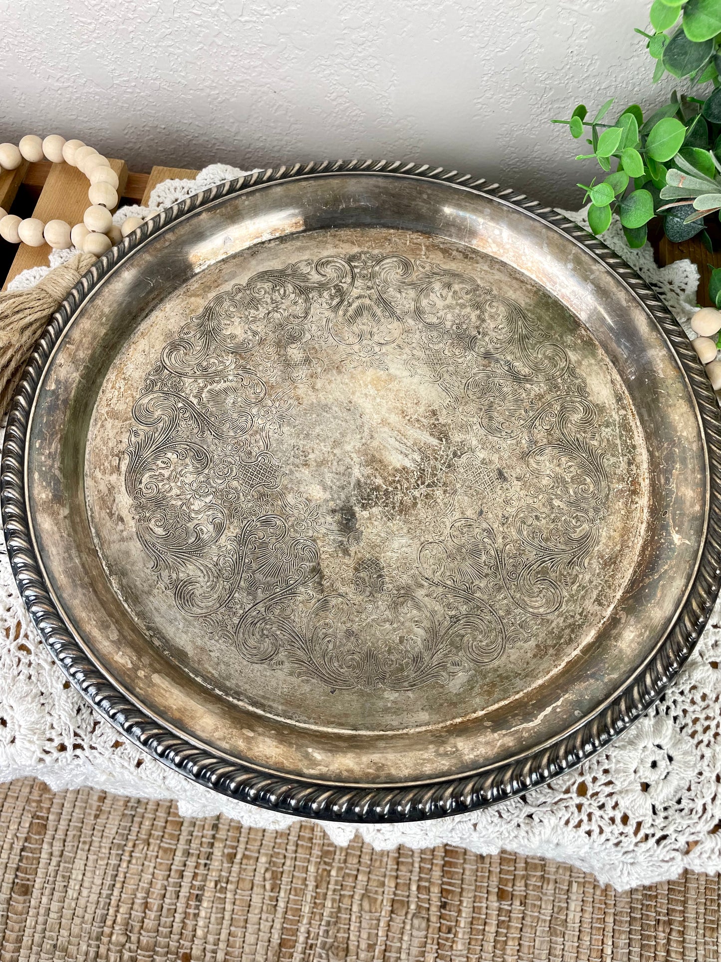 Vintage Embossed Silver Platter with Natural Patina