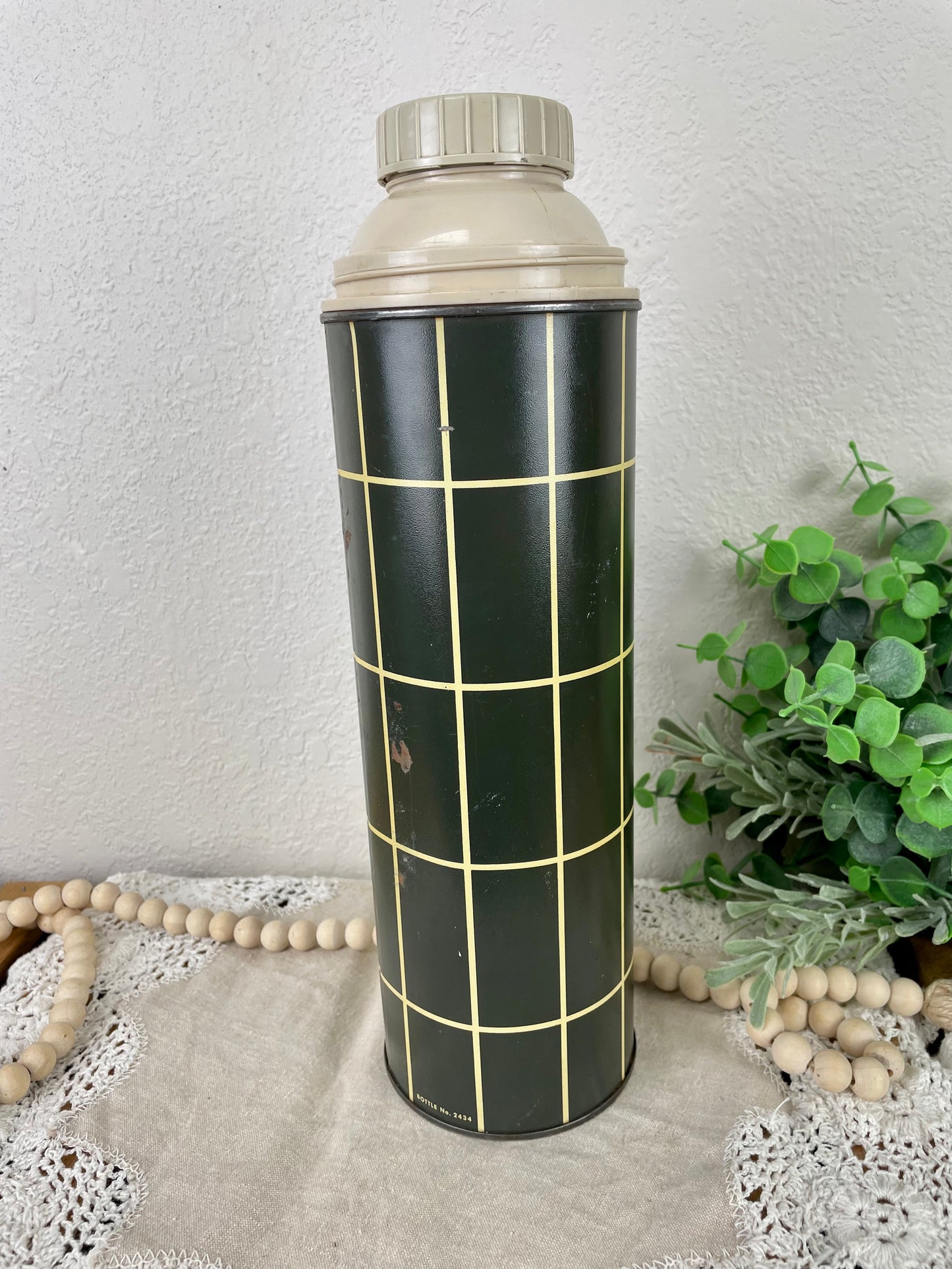 Vintage Green Plaid Quart Sized Thermos