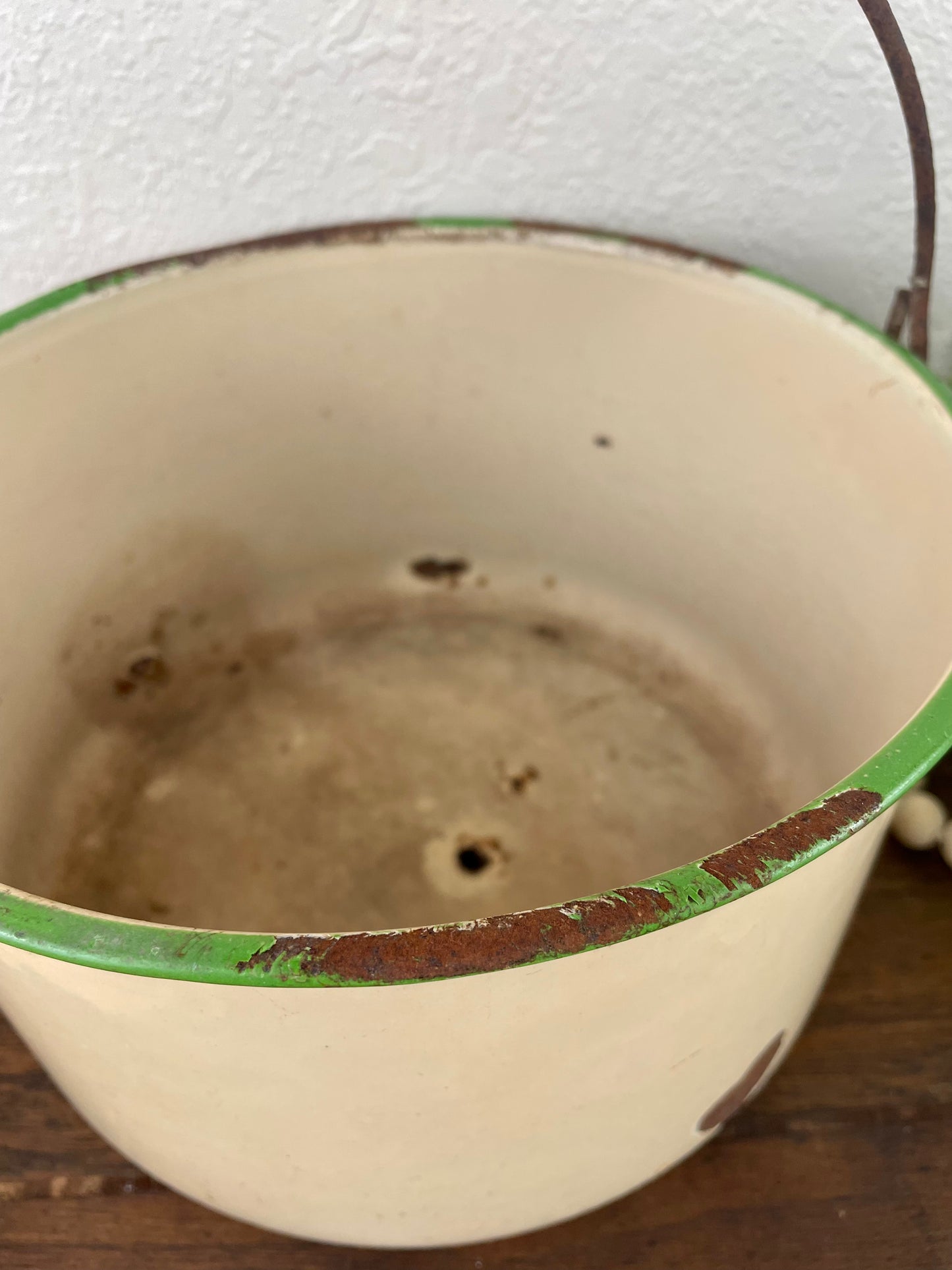 Vintage Cream Enamel Pot with Green Rim