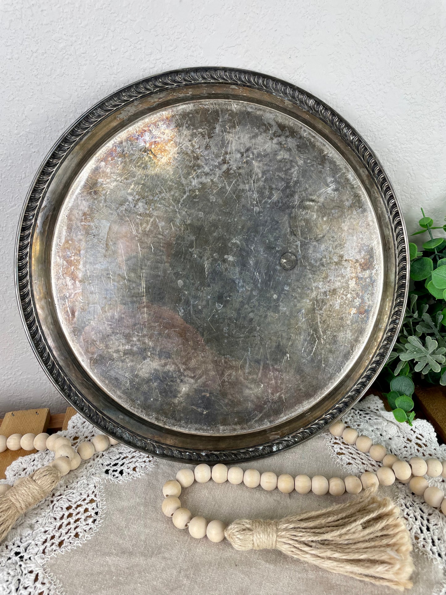 Vintage Embossed Silver Platter with Natural Patina