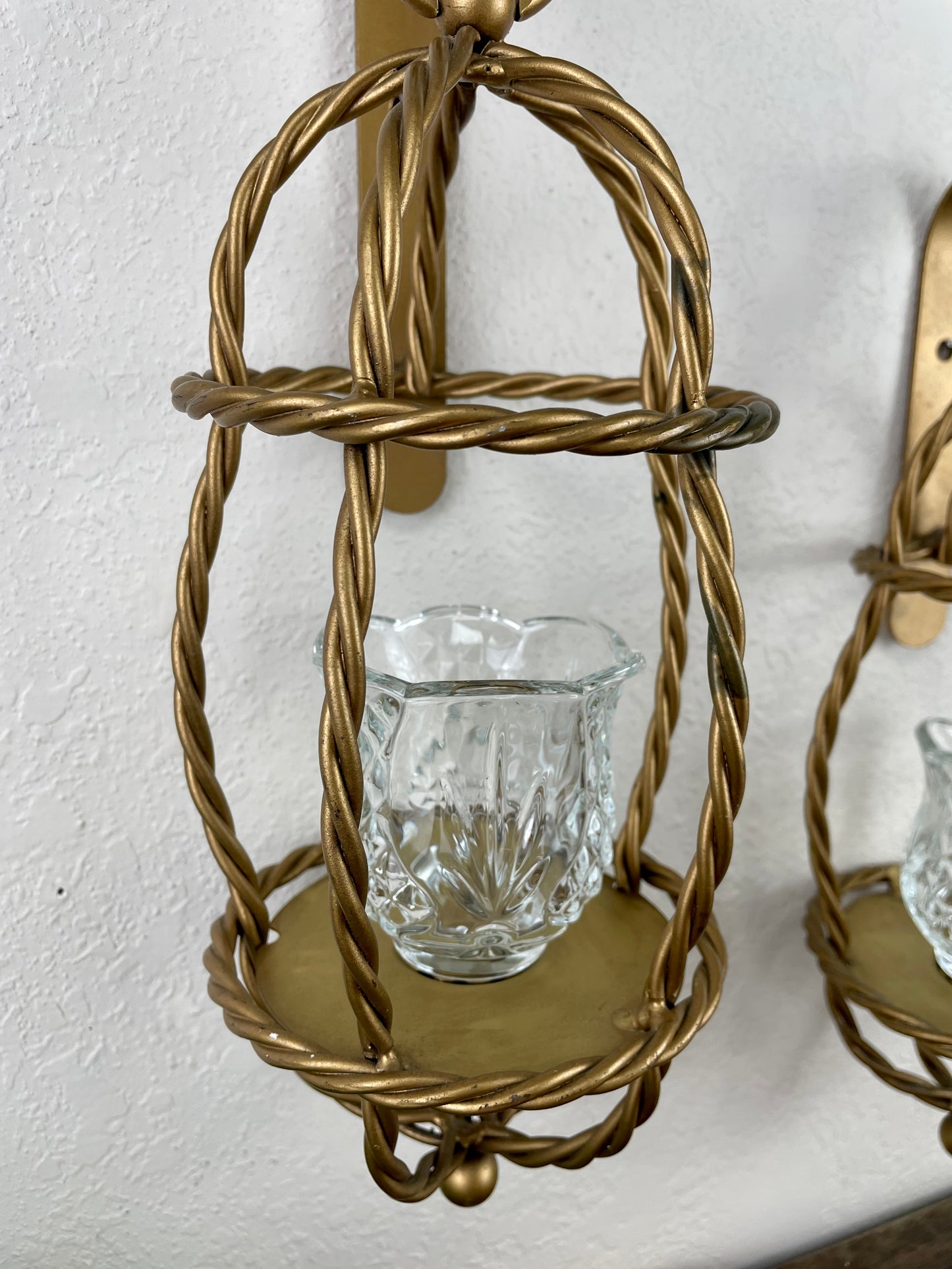 Vintage Home Interiors Metal Gold Rope Candle Sconce Set