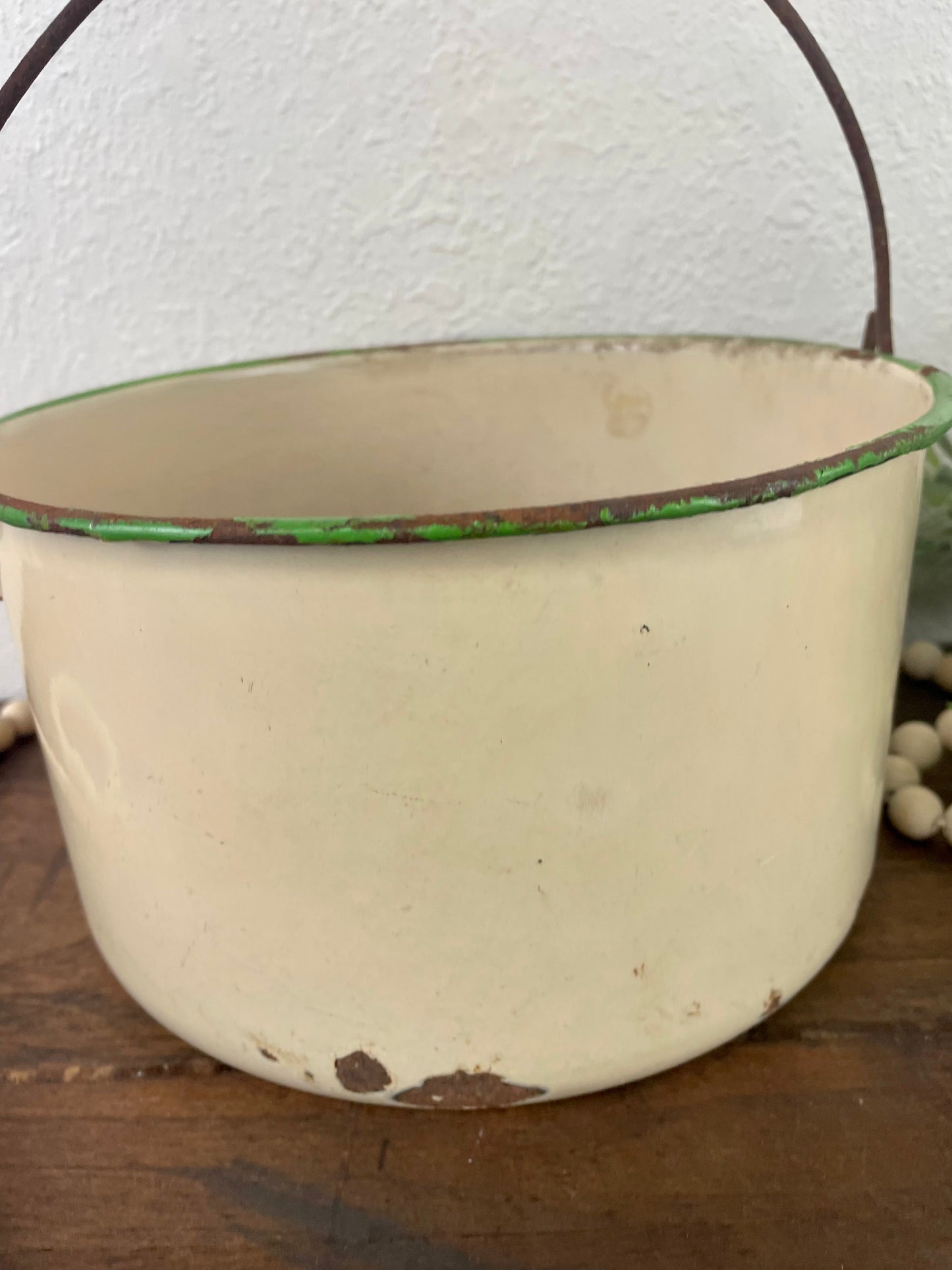 Vintage Cream Enamel Pot with Green Rim