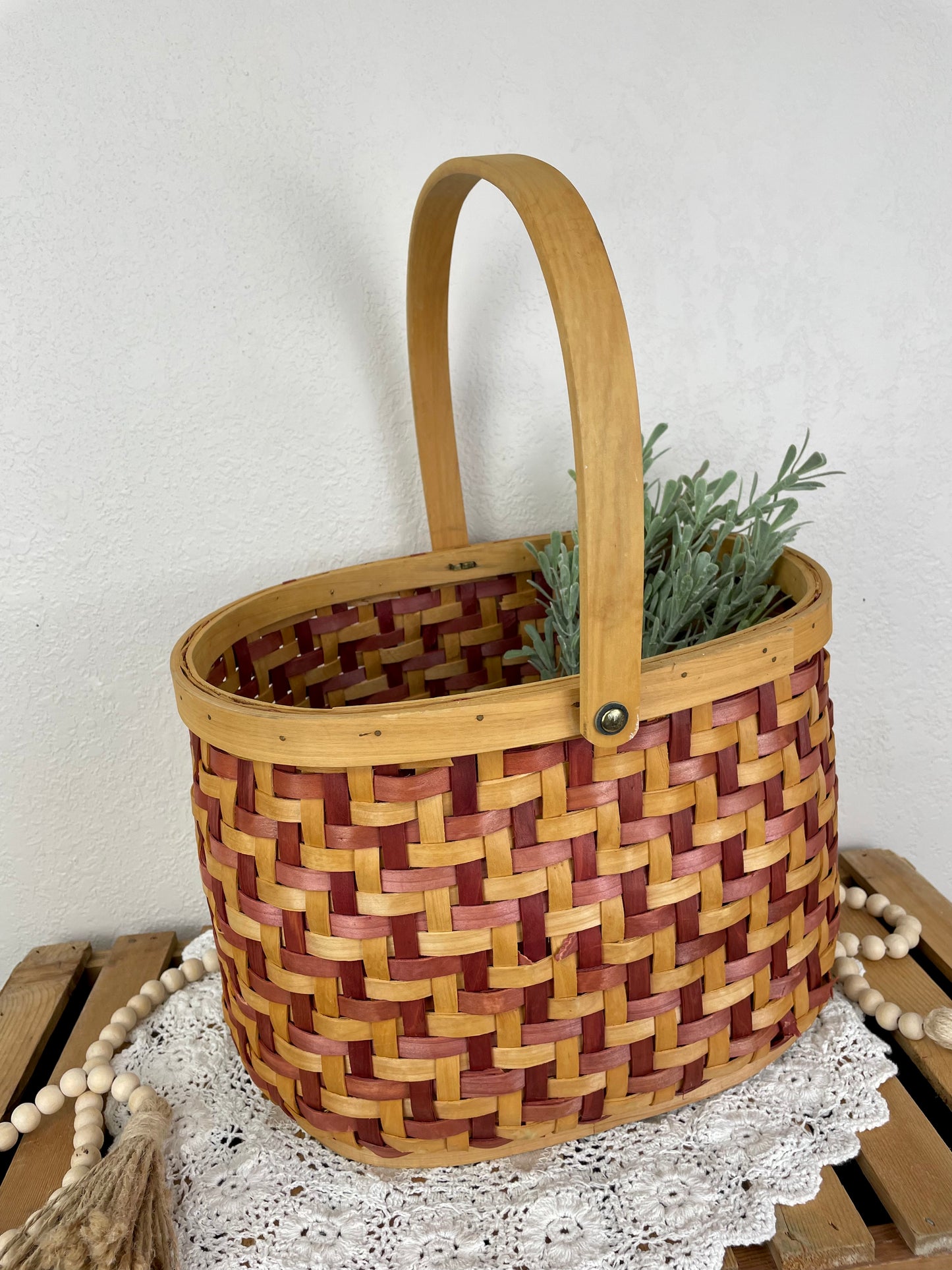 Vintage Large Red & Natural Wicker Basket with Handle