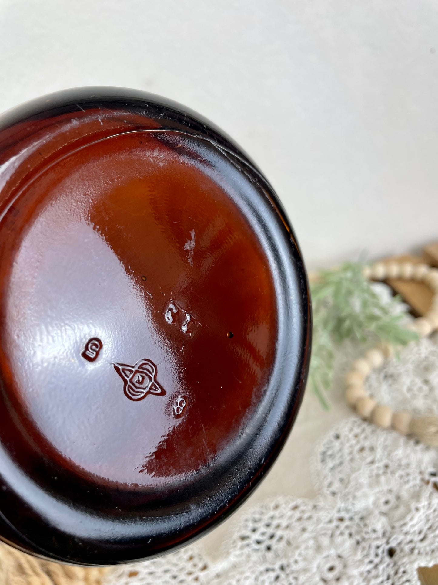Vintage Large Amber Bottle with Porcelain Lid