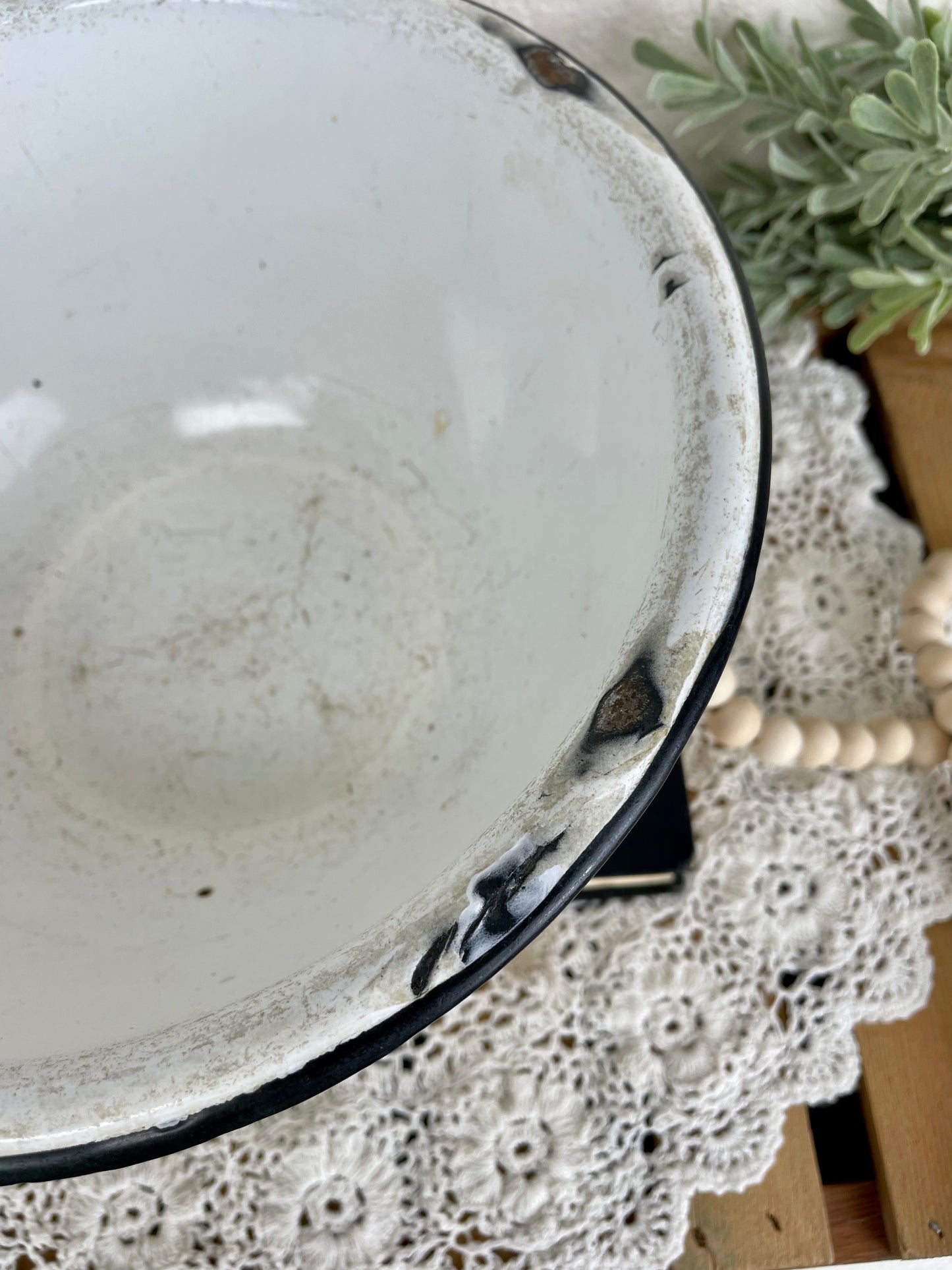 Vintage Enamel Bowl with Black Rim