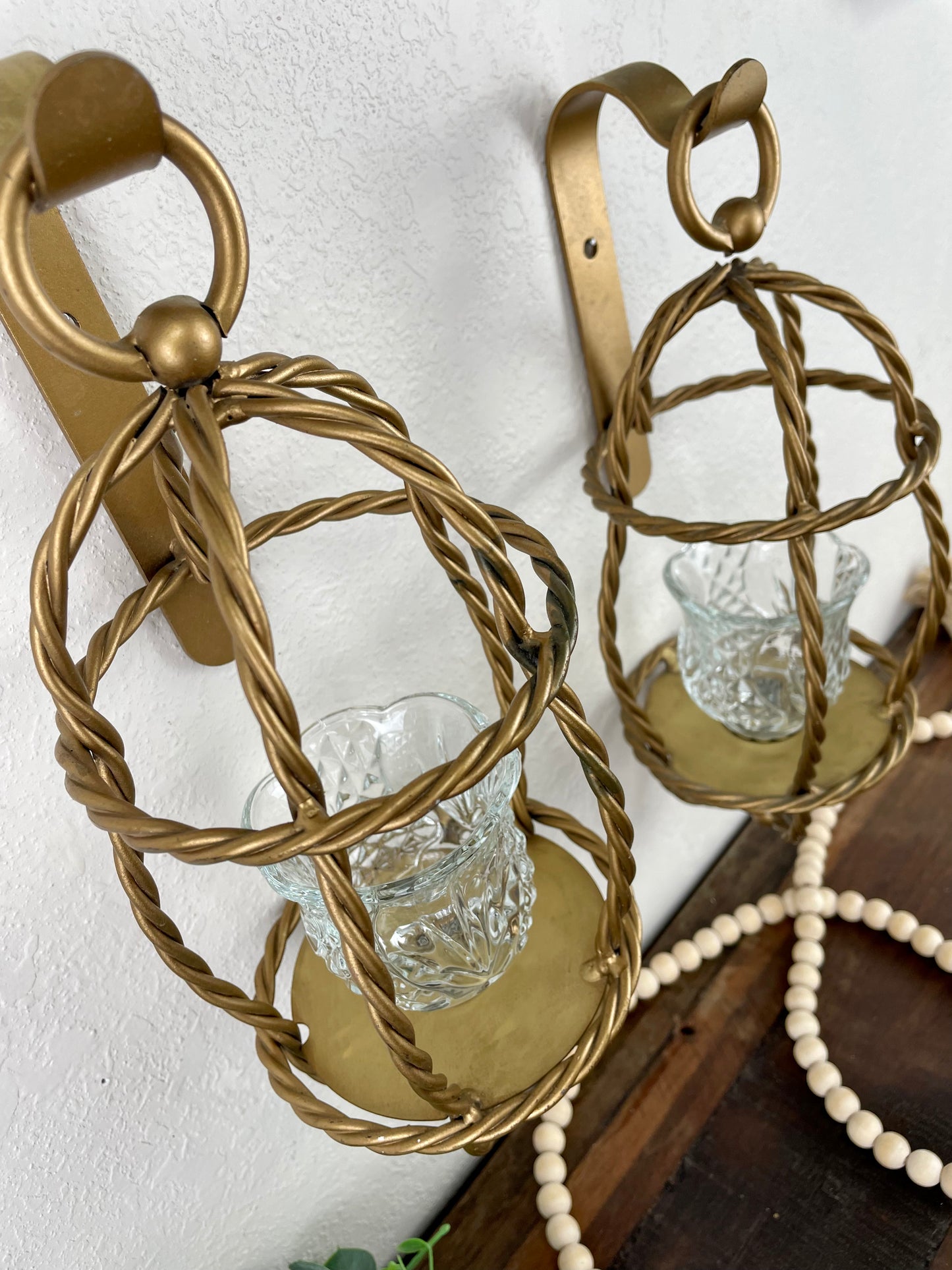 Vintage Home Interiors Metal Gold Rope Candle Sconce Set