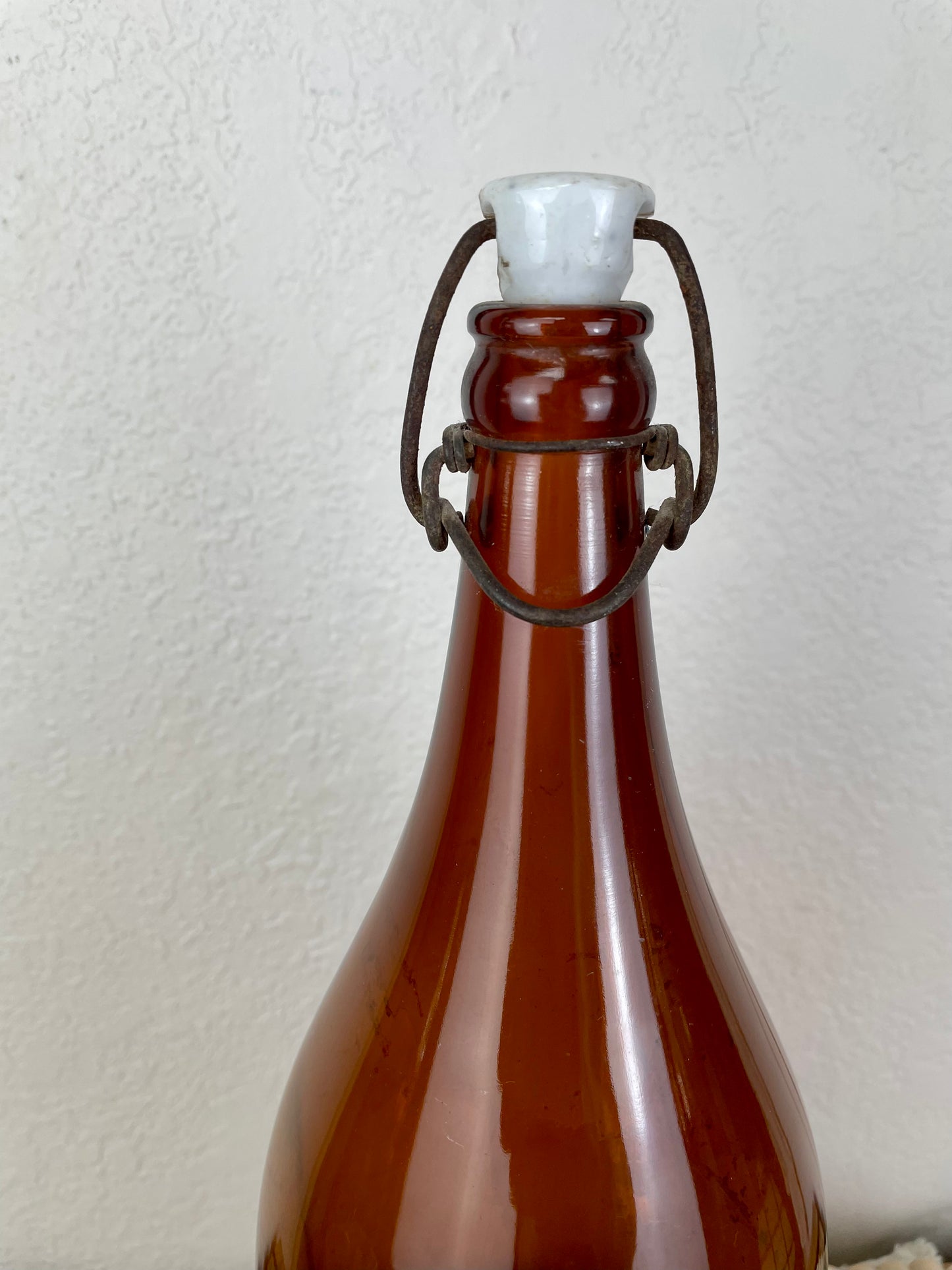 Vintage Large Amber Bottle with Porcelain Lid