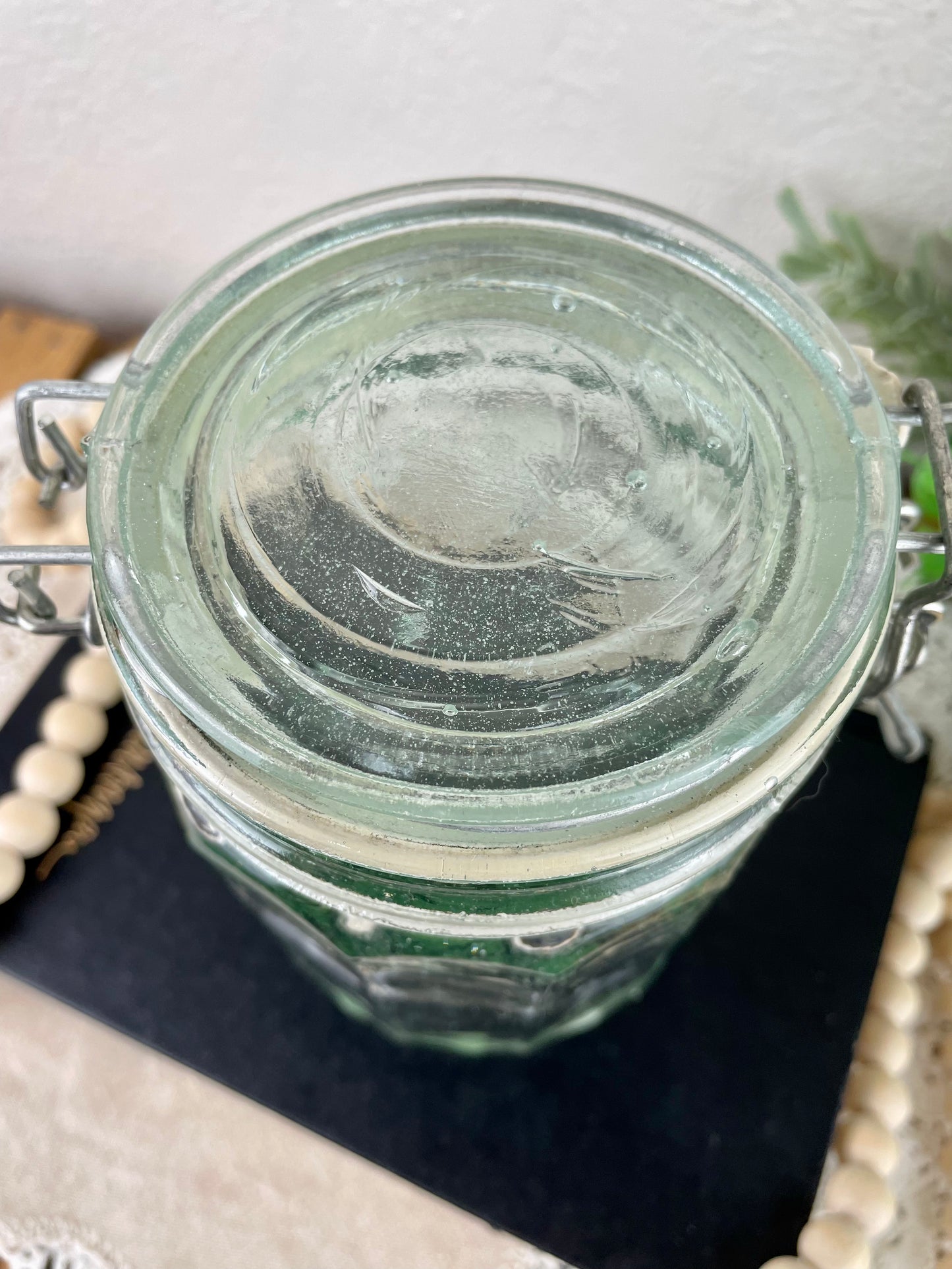 Vintage Green Glass Storage Jar with Clasp