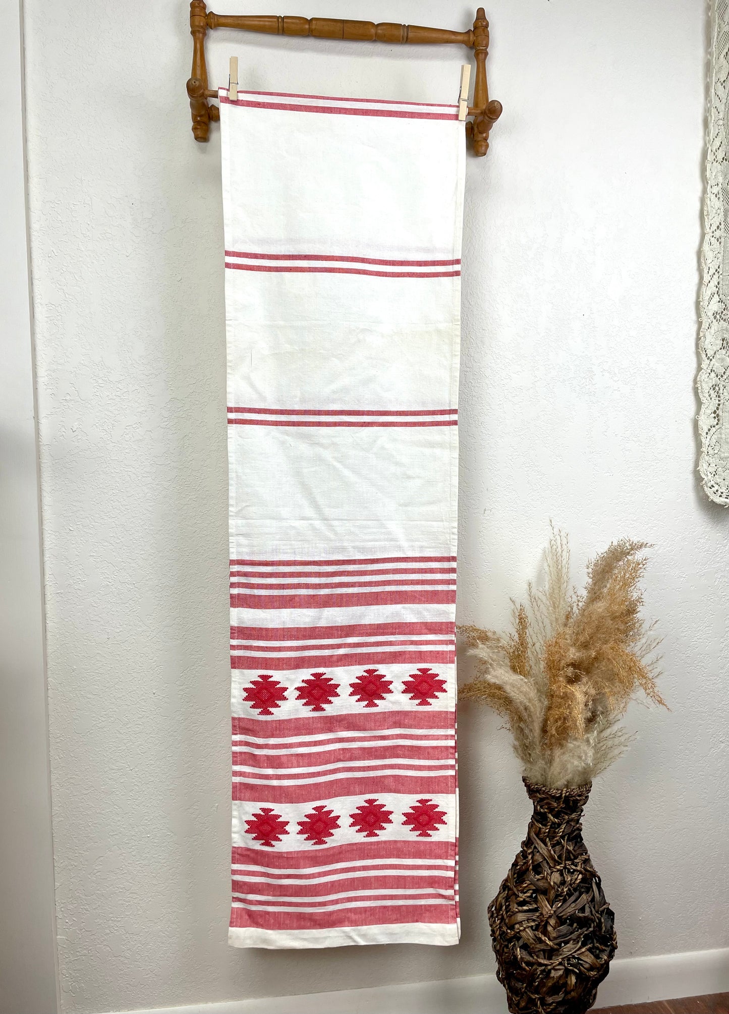 Vintage Large Table Runner with Red Tribal Pattern