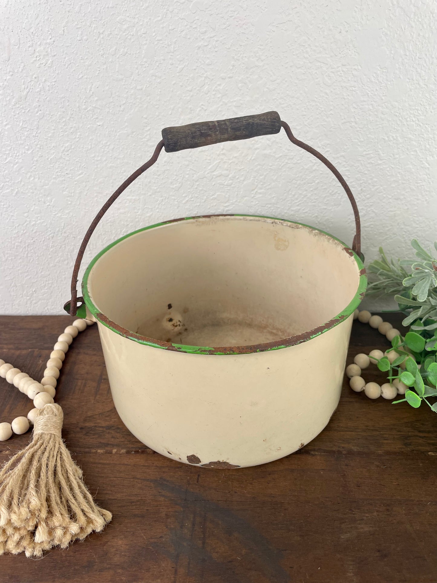 Vintage Cream Enamel Pot with Green Rim