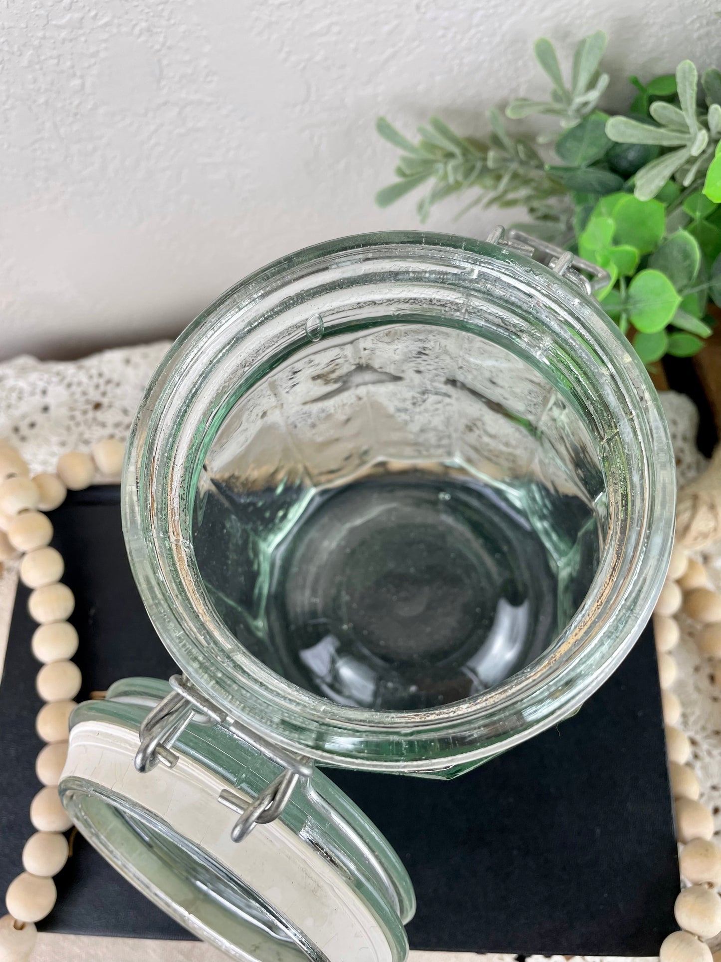 Vintage Green Glass Storage Jar with Clasp