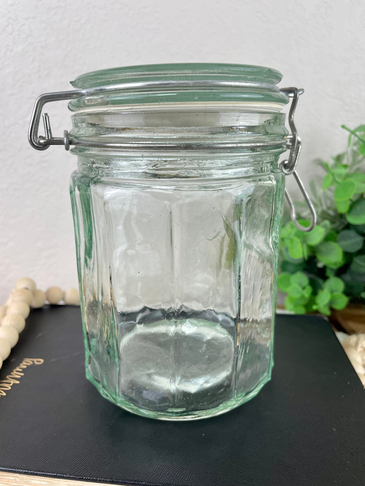 Vintage Green Glass Storage Jar with Clasp