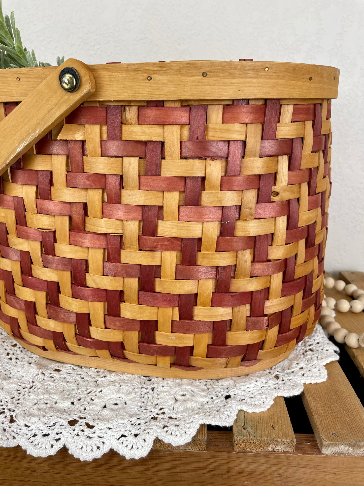 Vintage Large Red & Natural Wicker Basket with Handle