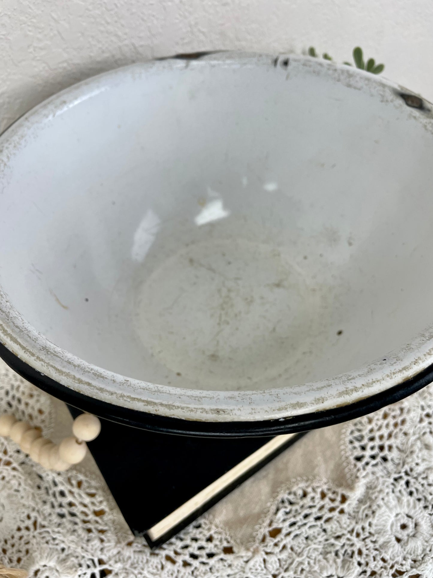 Vintage Enamel Bowl with Black Rim