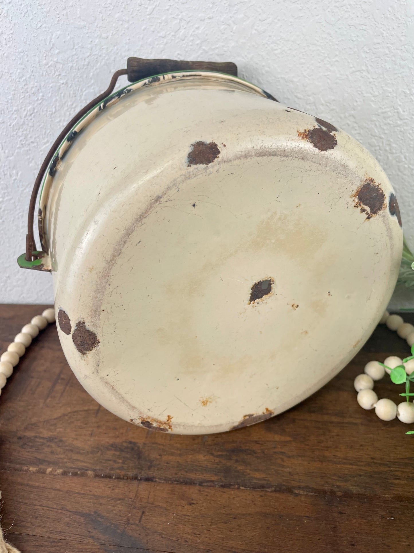 Vintage Cream Enamel Pot with Green Rim