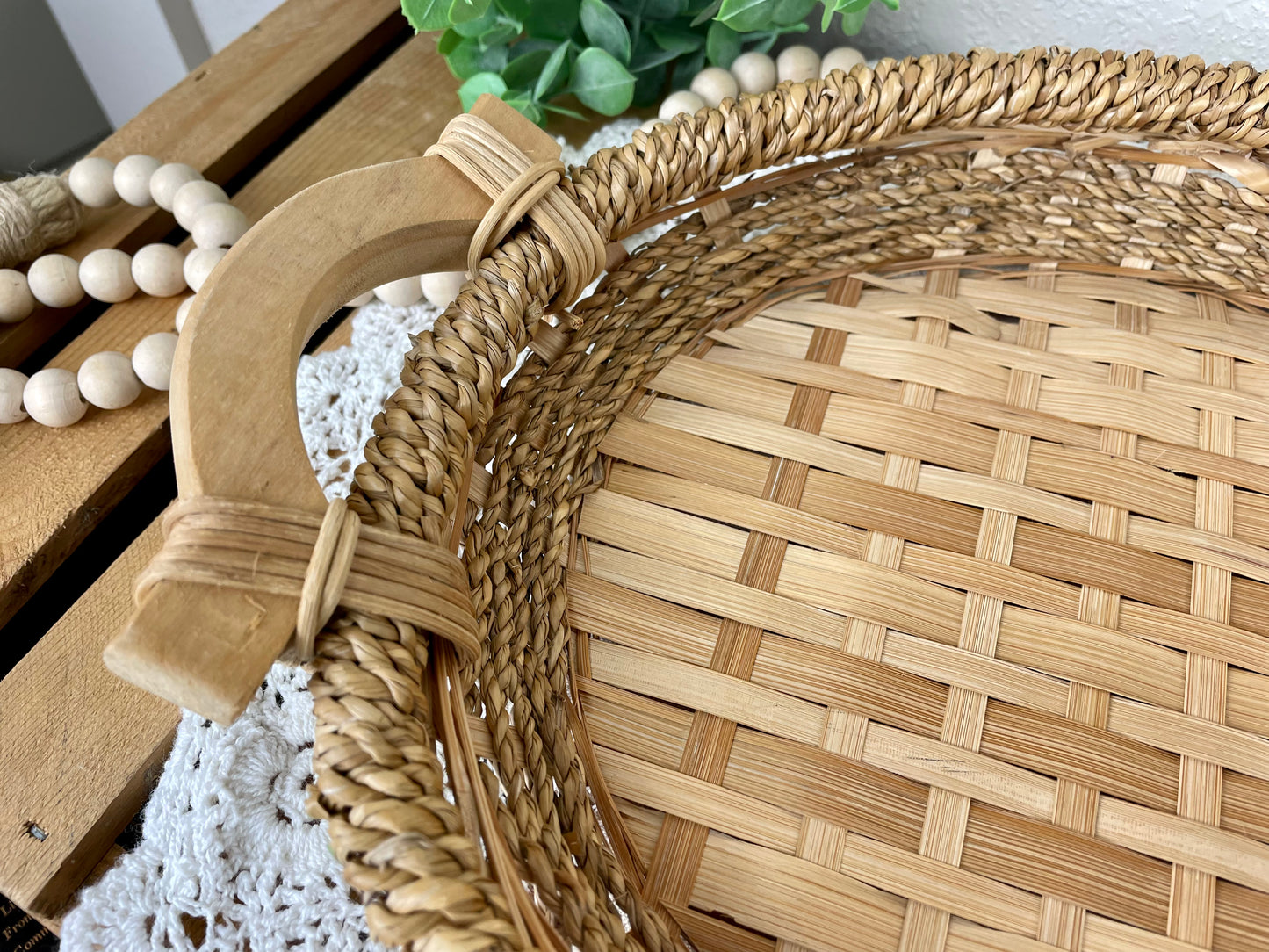 Vintage Wicker Tray with Wooden Handles