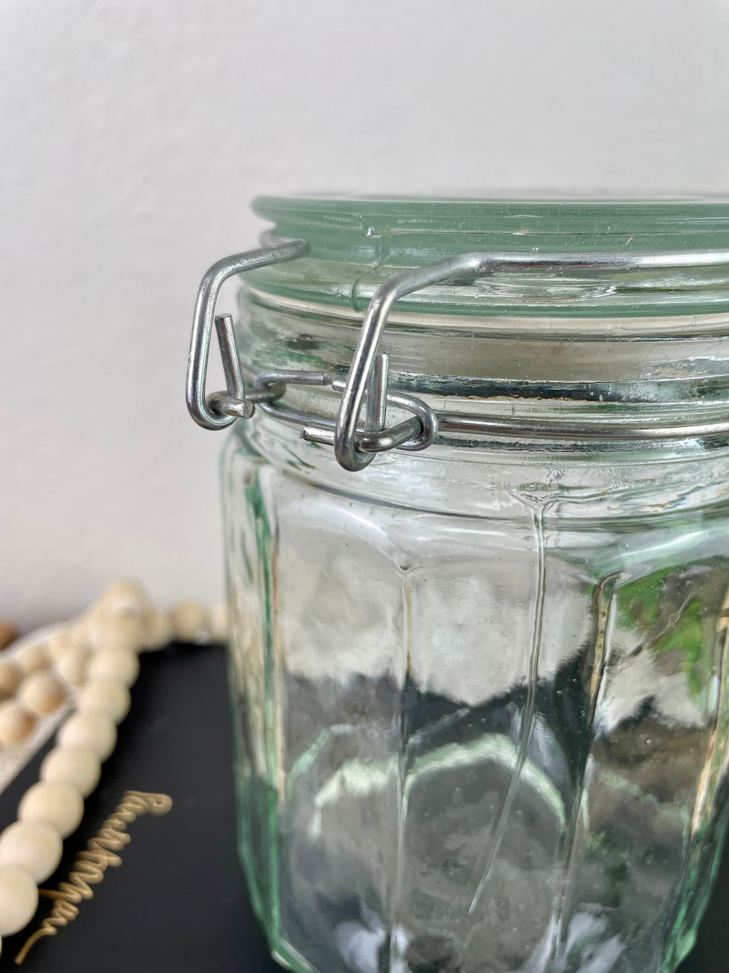Vintage Green Glass Storage Jar with Clasp