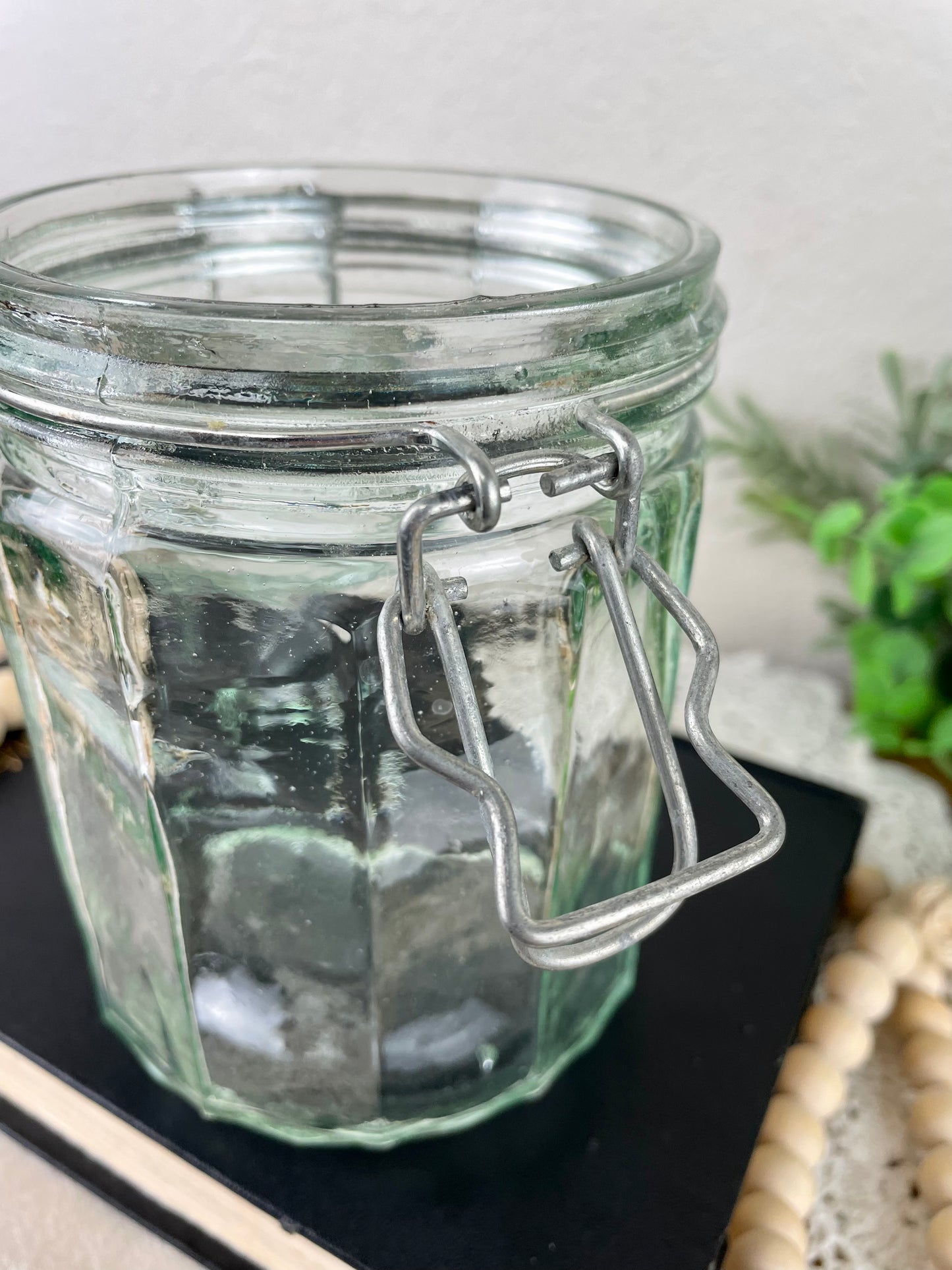 Vintage Green Glass Storage Jar with Clasp