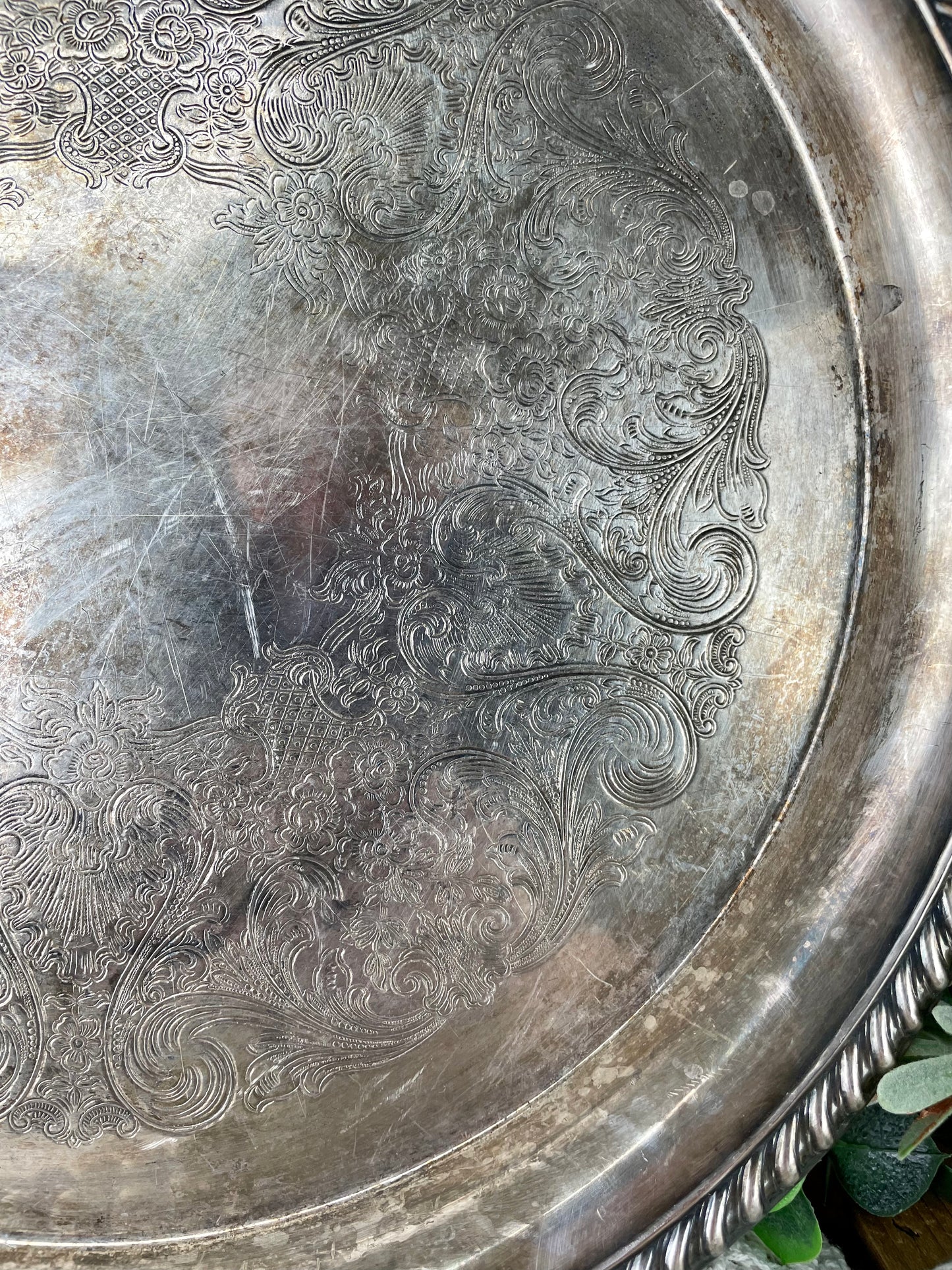 Vintage Embossed Silver Platter with Natural Patina