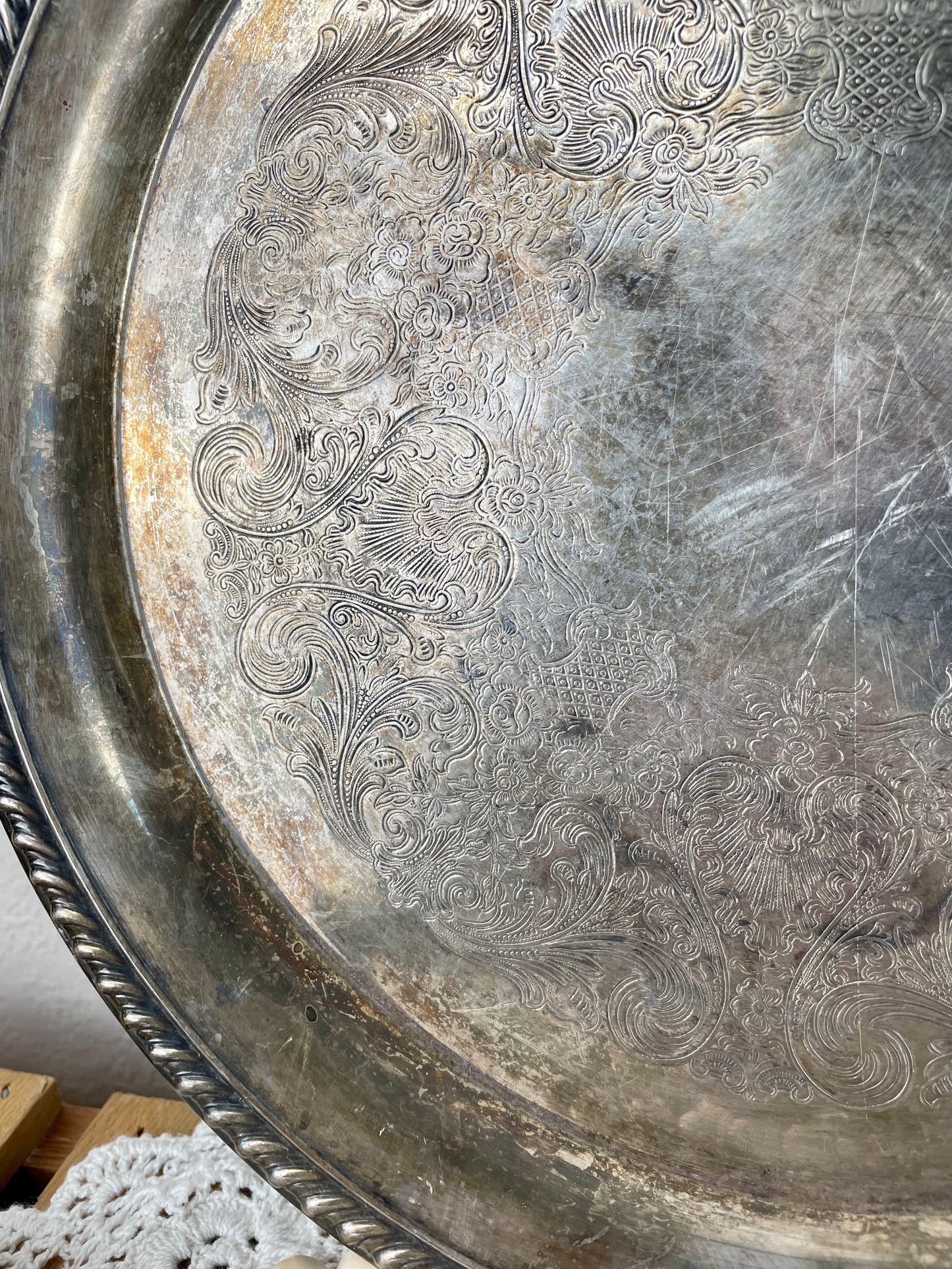 Vintage Embossed Silver Platter with Natural Patina