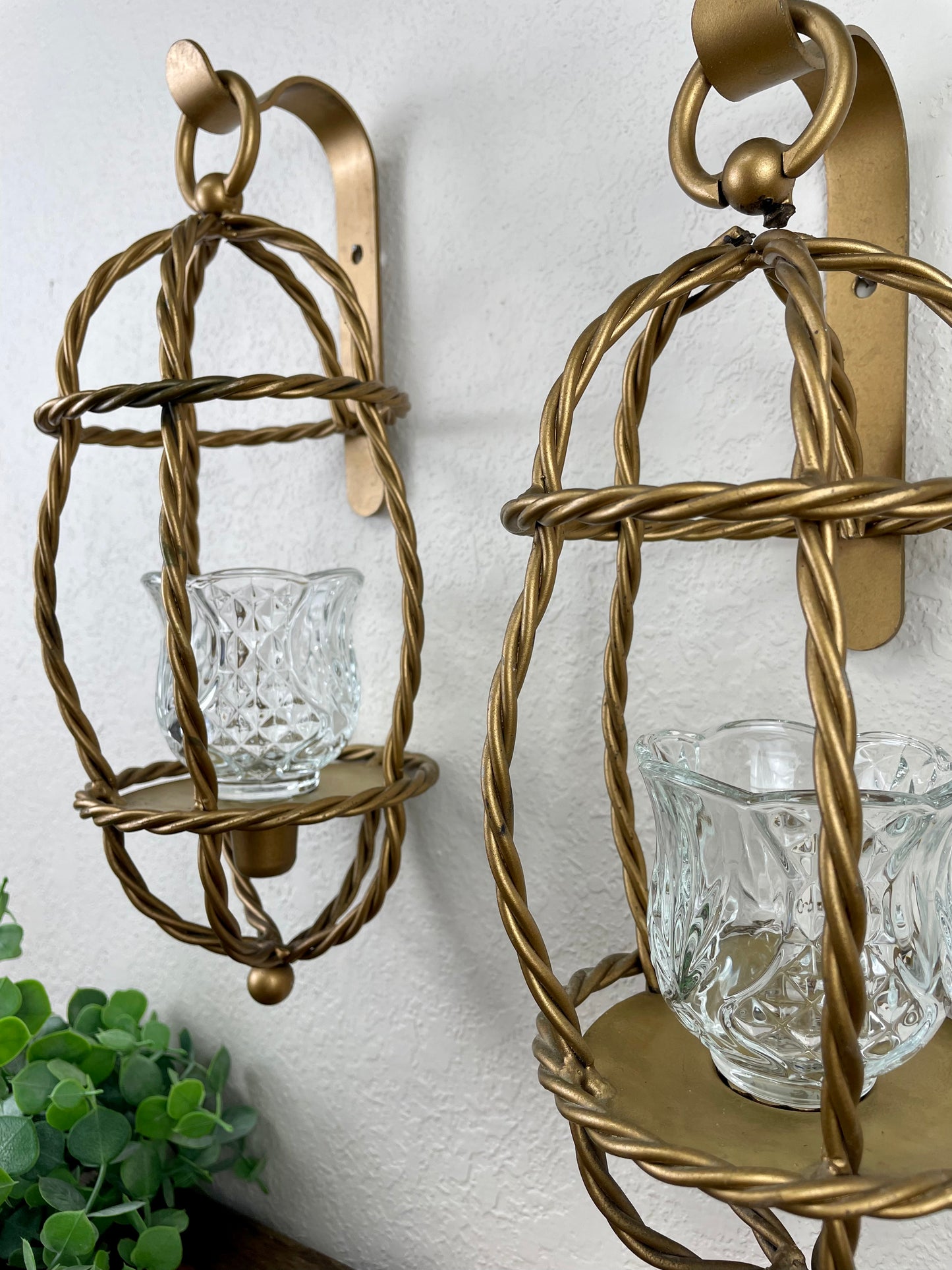 Vintage Home Interiors Metal Gold Rope Candle Sconce Set