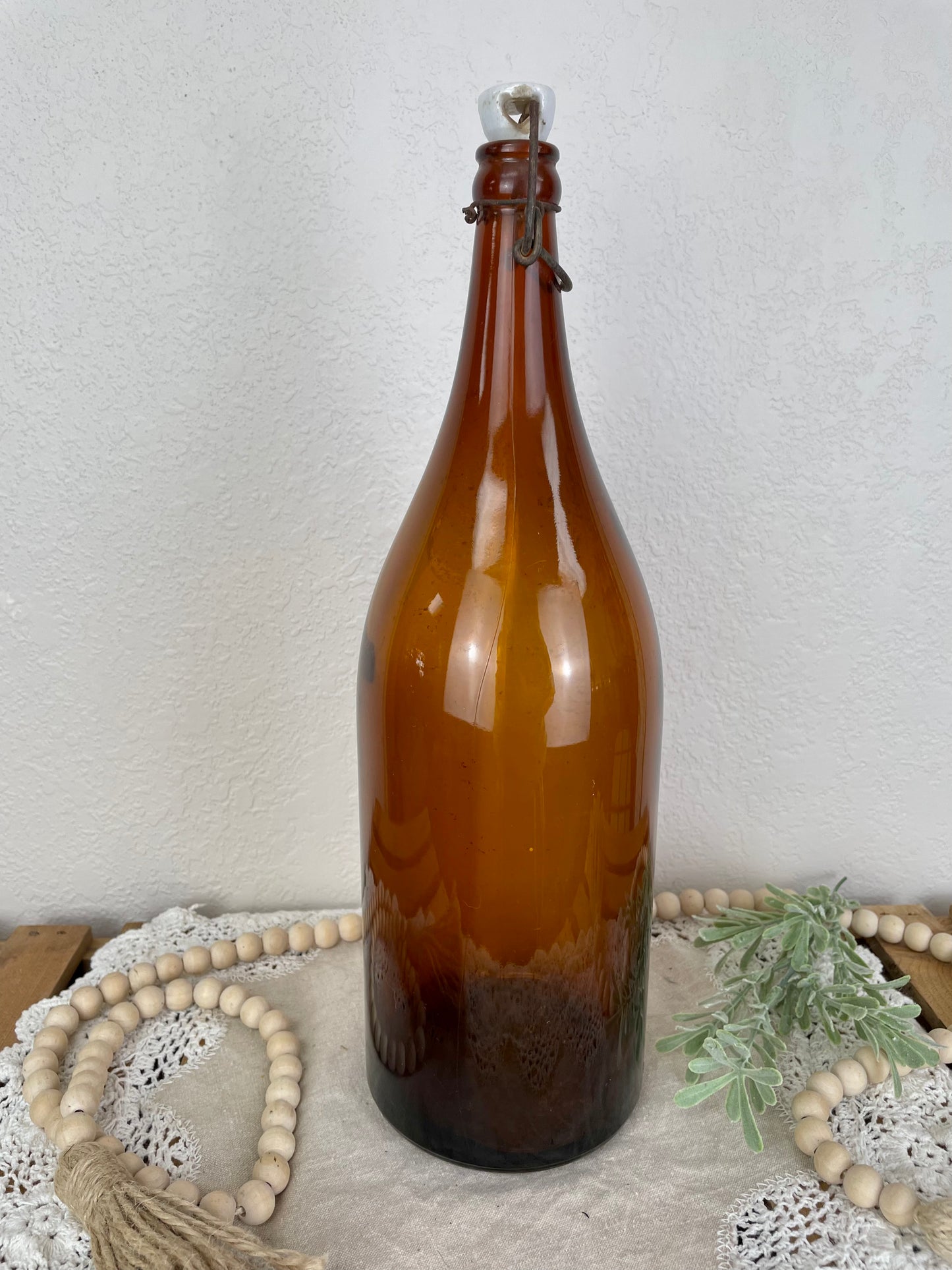 Vintage Large Amber Bottle with Porcelain Lid