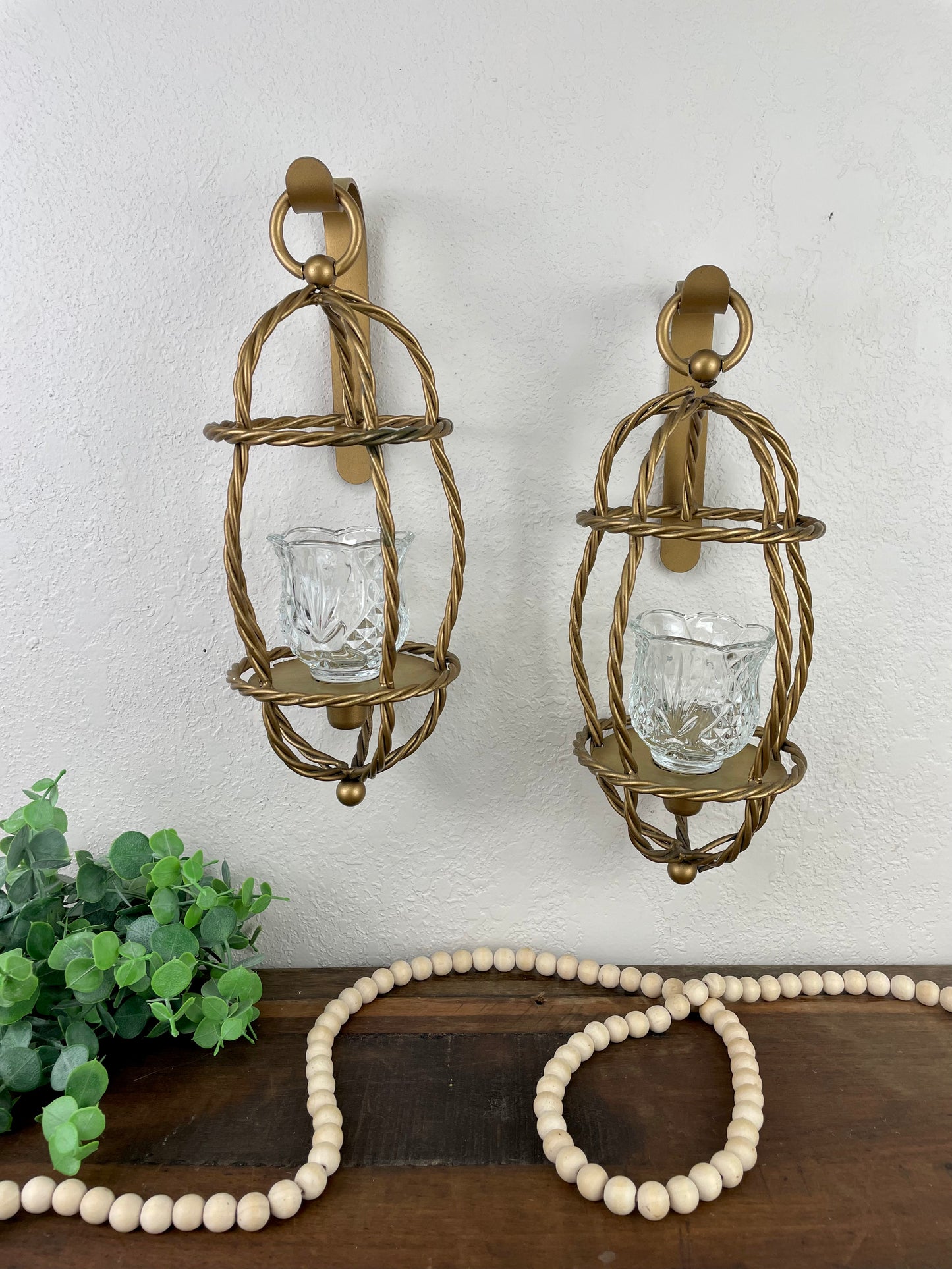 Vintage Home Interiors Metal Gold Rope Candle Sconce Set