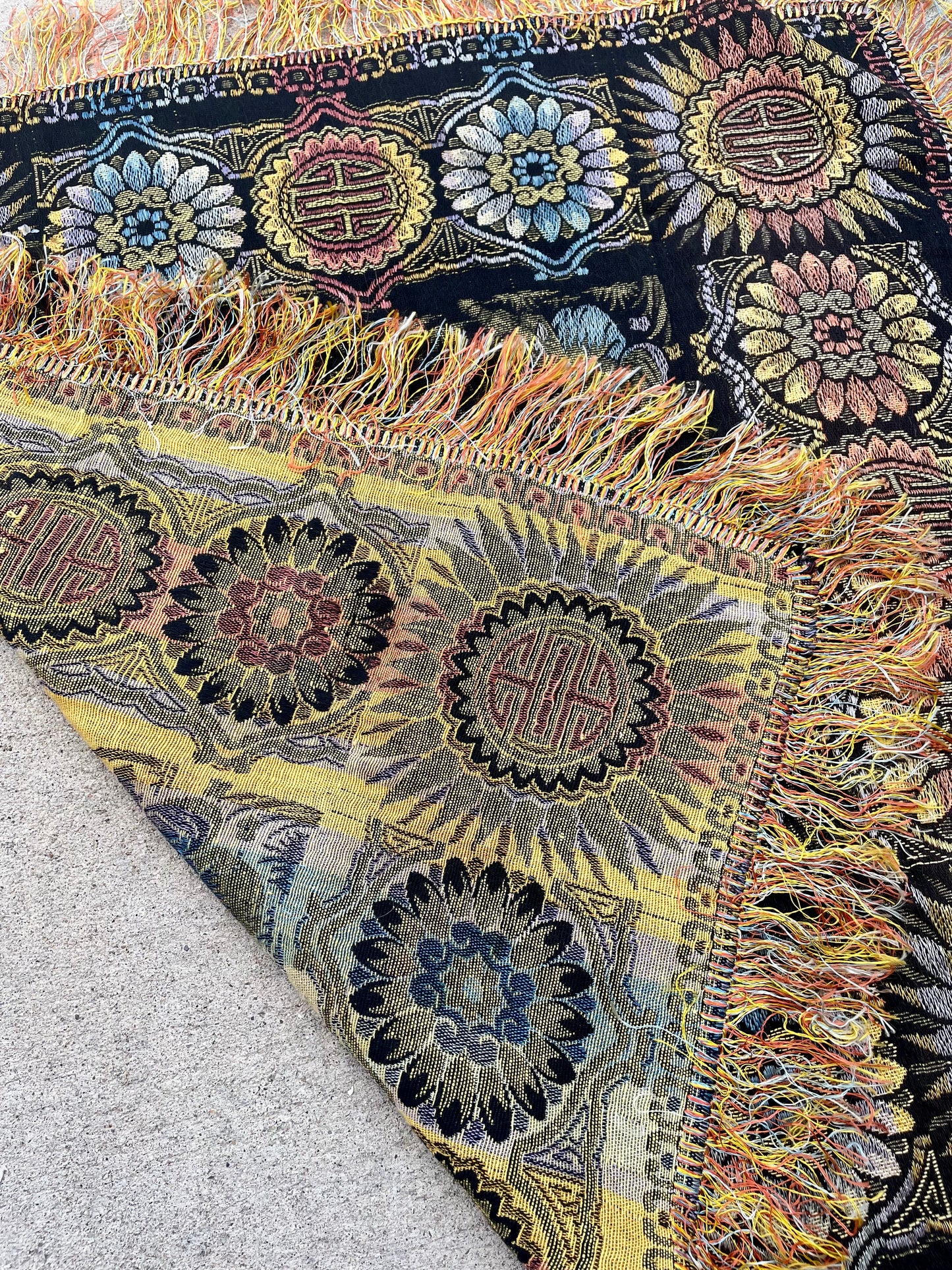 Vintage Asian Woven Tablecloth with Fringe
