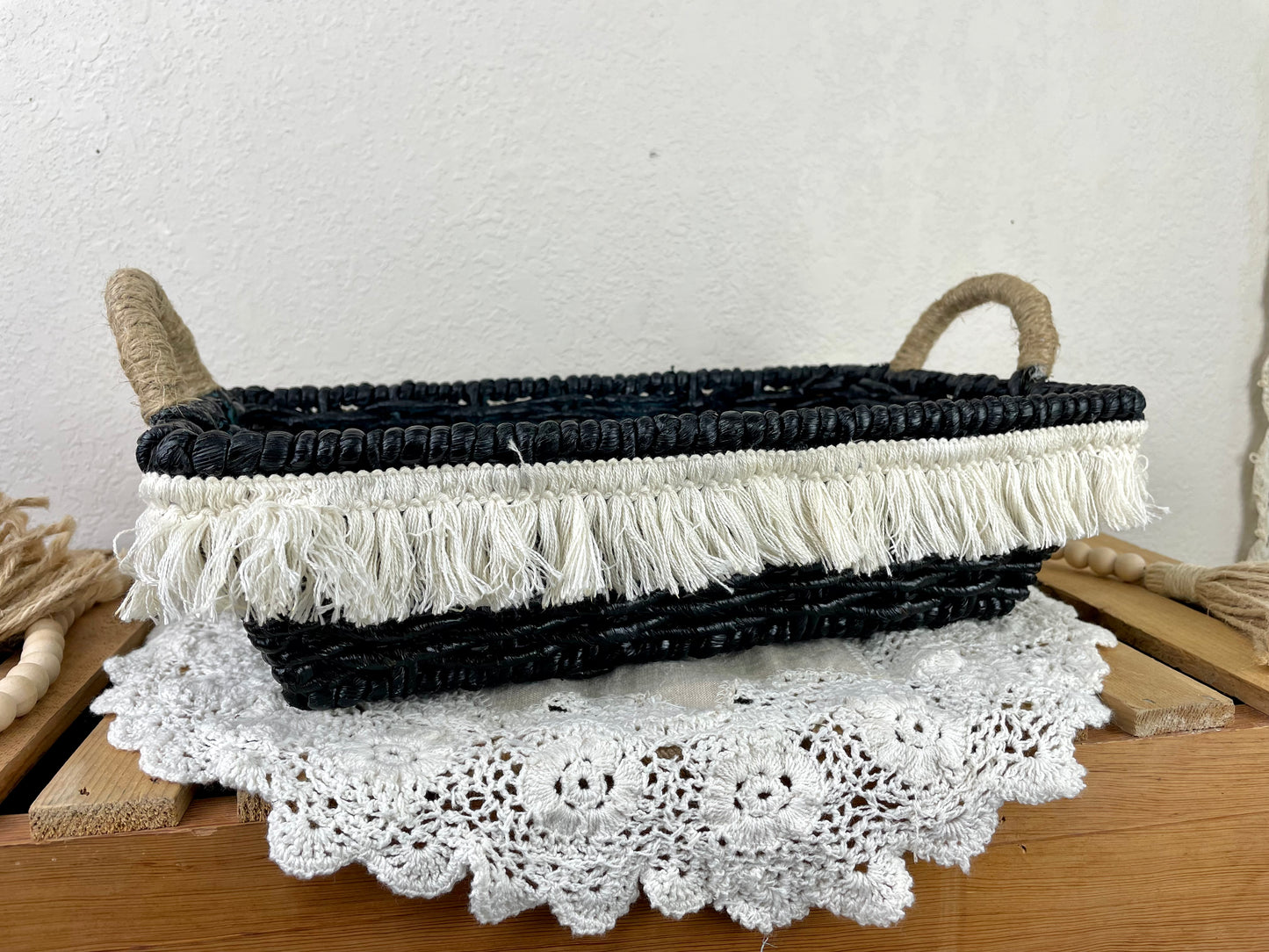 Upcycled Black Basket with Boho Fringe