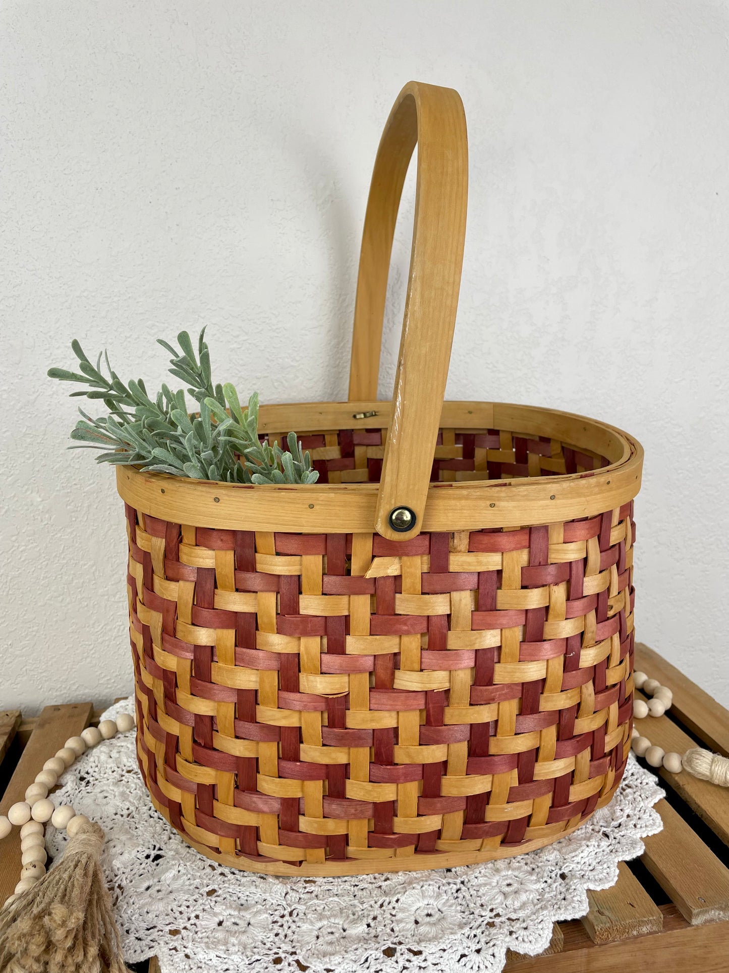 Vintage Large Red & Natural Wicker Basket with Handle