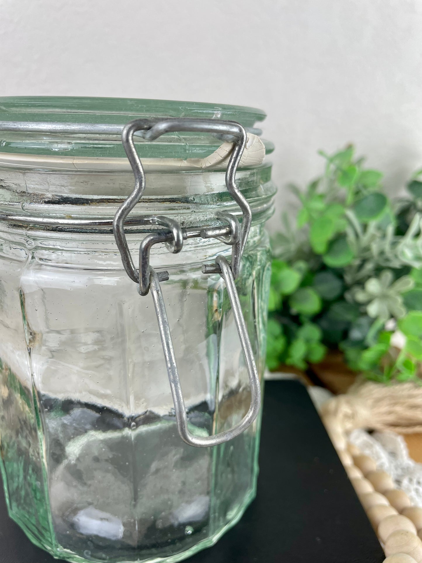 Vintage Green Glass Storage Jar with Clasp
