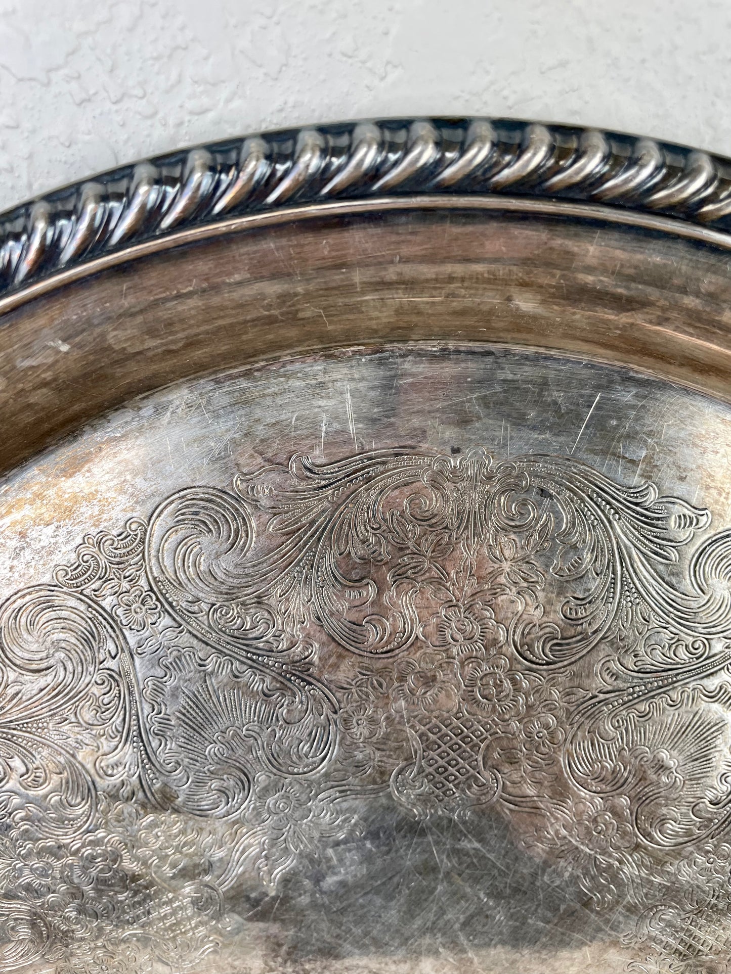 Vintage Embossed Silver Platter with Natural Patina