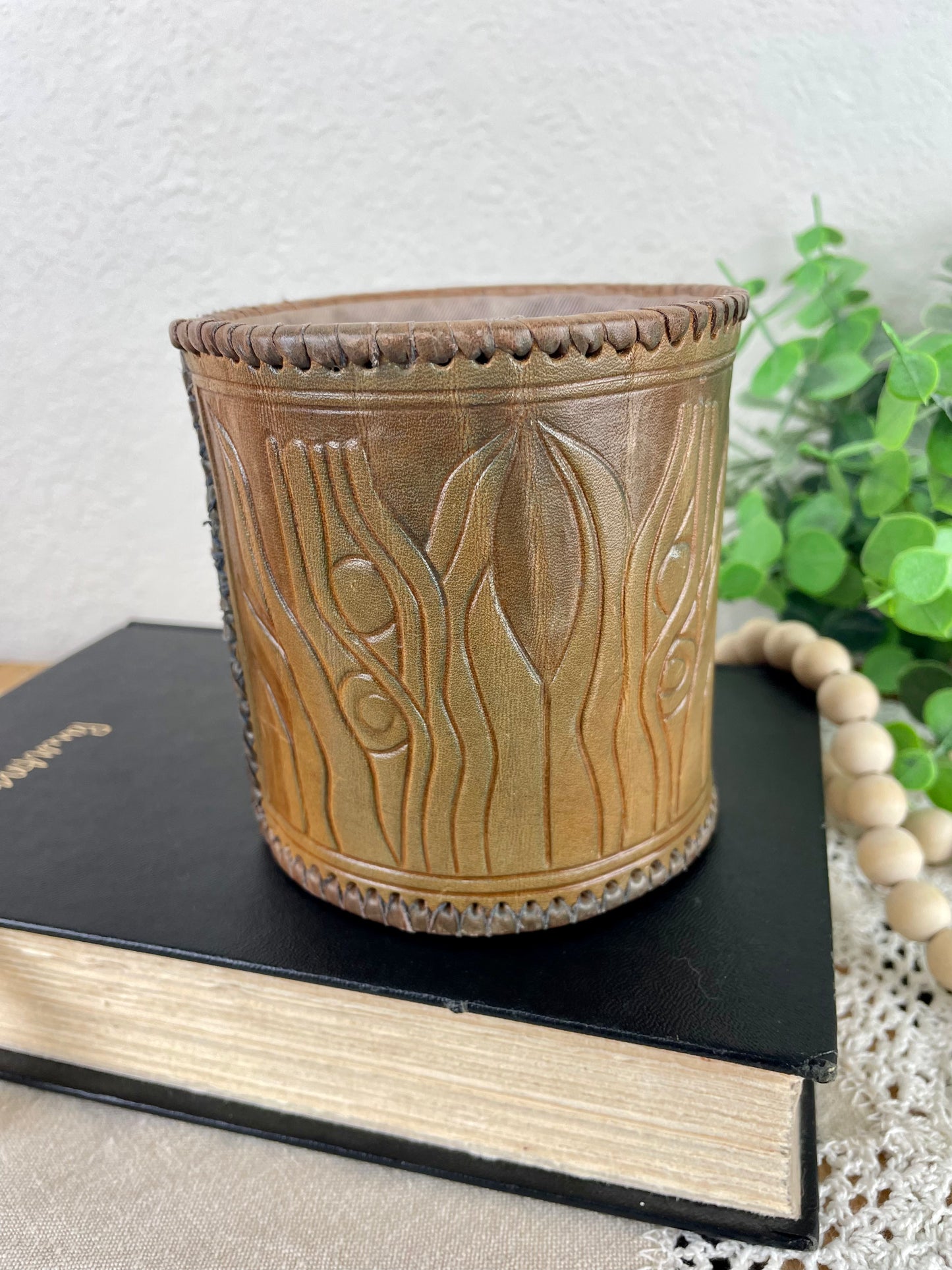 Vintage Hand Tooled Leather Pencil Holder