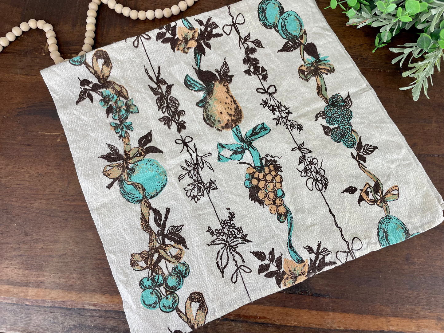 Vintage Mid-Century Blue & Brown Tea Towel