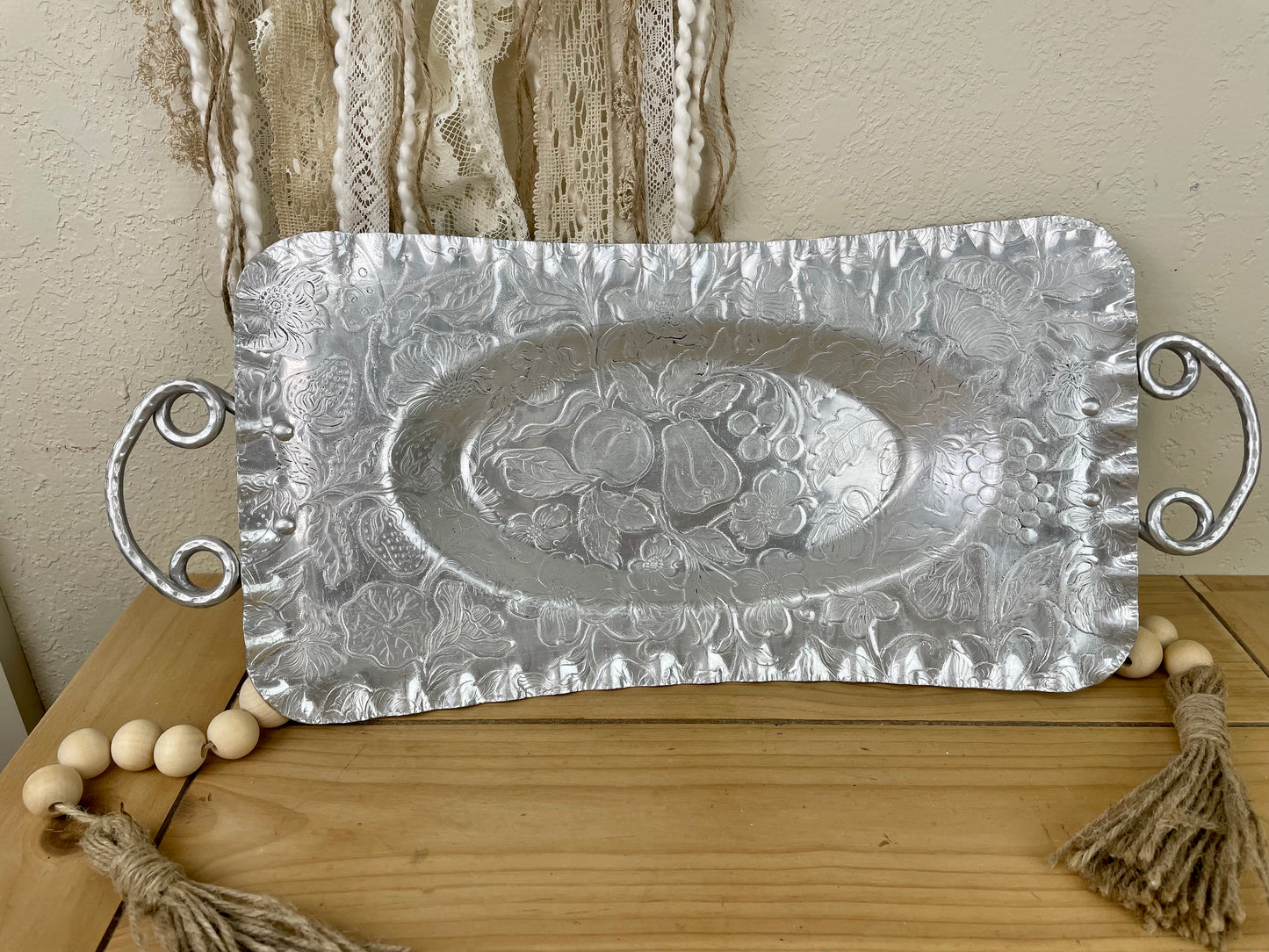 Vintage Hammered Aluminum Tray with Fruit Details