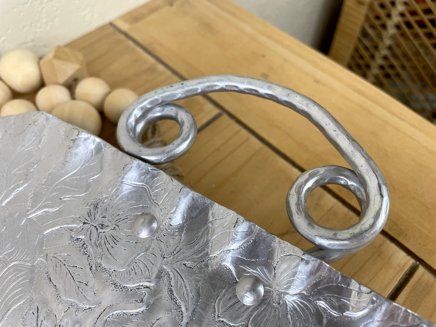 Vintage Hammered Aluminum Tray with Fruit Details